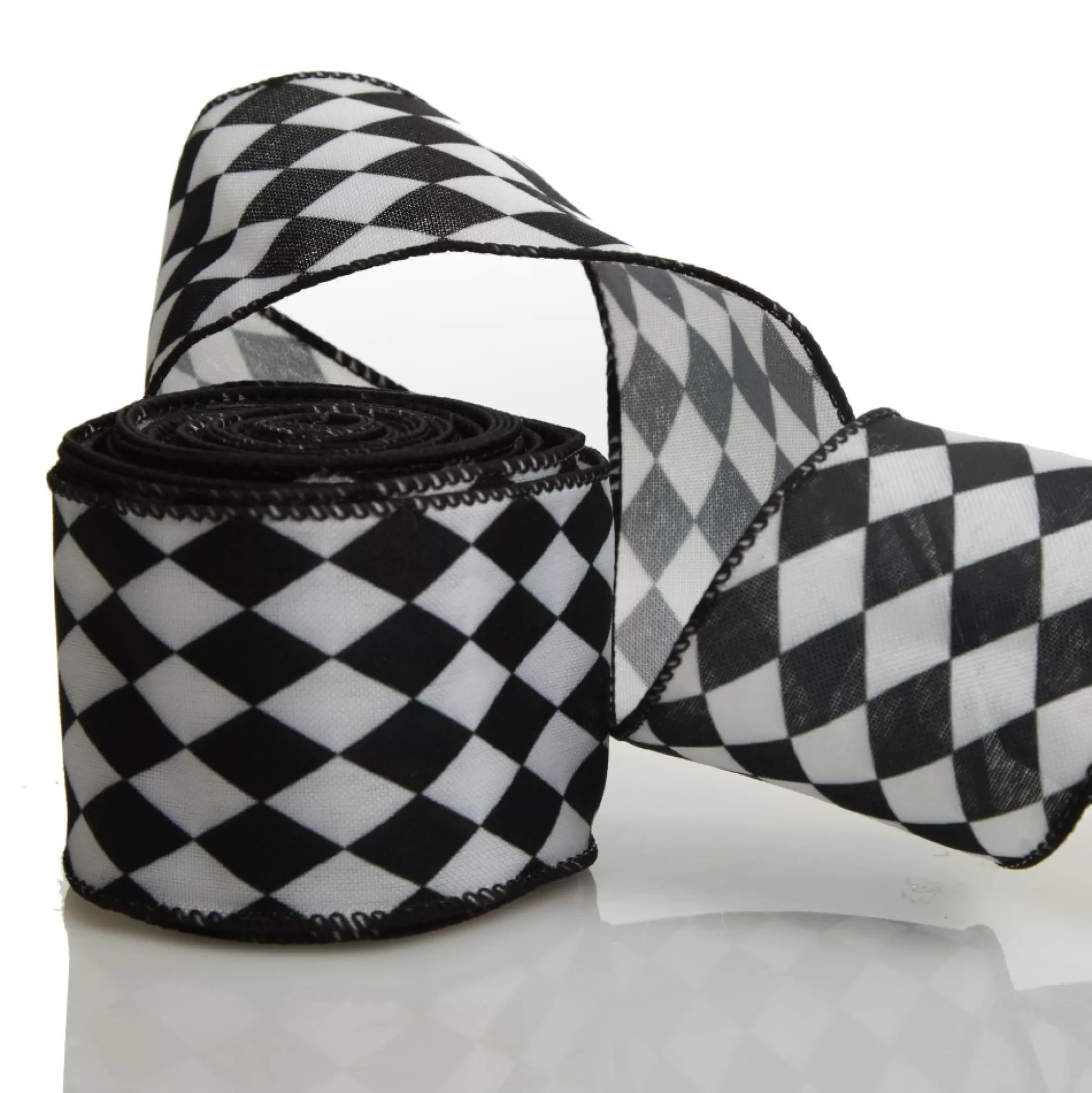 Black and White Harlequin Diamond Pattern Wired Ribbon - 6.5cm Ribbons |
