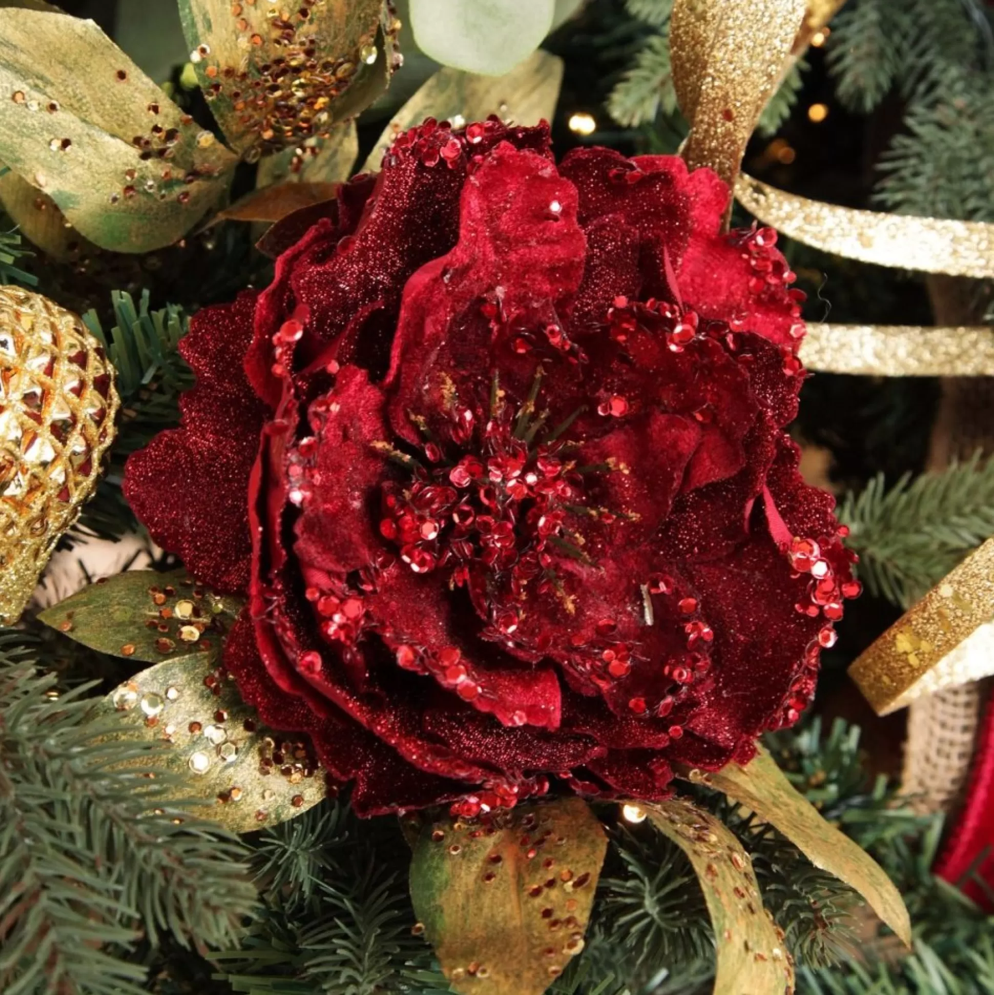 Burgundy Peonie Flower Stem with Glitter Sprinkles Christmas Flowers |