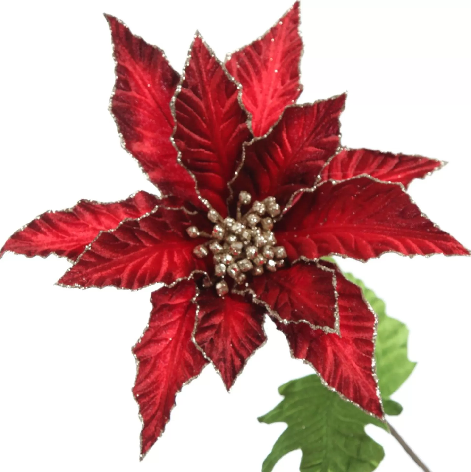 Burgundy Velvet Poinesttia Flower Stem with Gold Glitter Christmas Flowers |