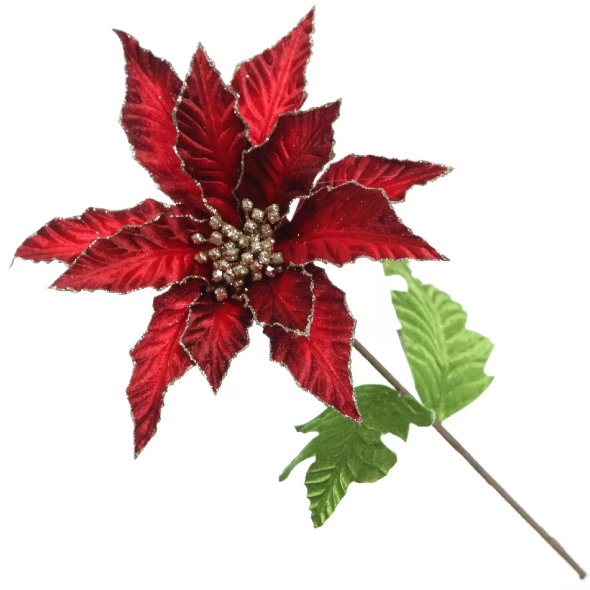 Burgundy Velvet Poinesttia Flower Stem with Gold Glitter Christmas Flowers |