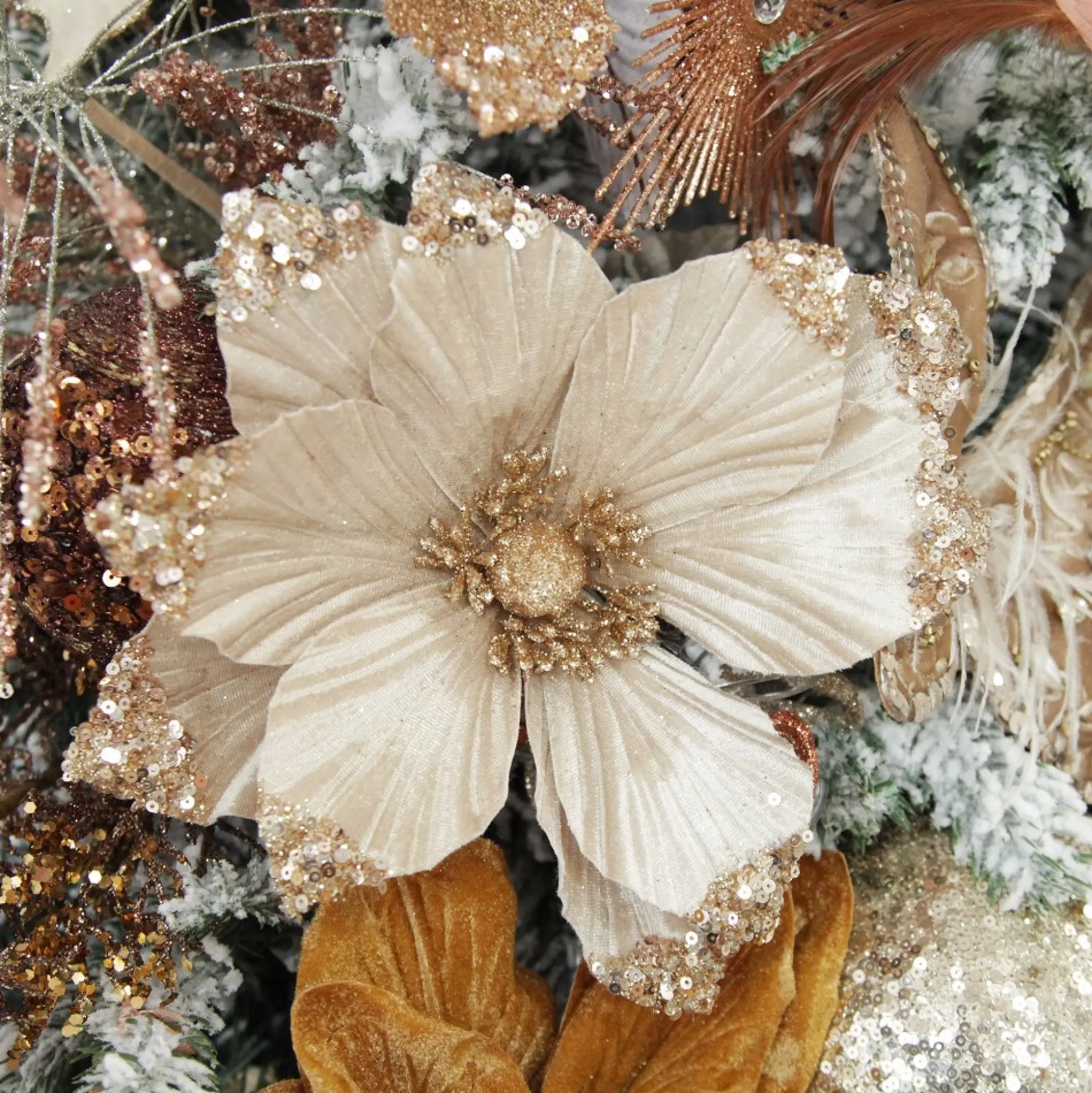 Champagne Magnolia Flower Stem with Glitter Sequin Tips Christmas Flowers |
