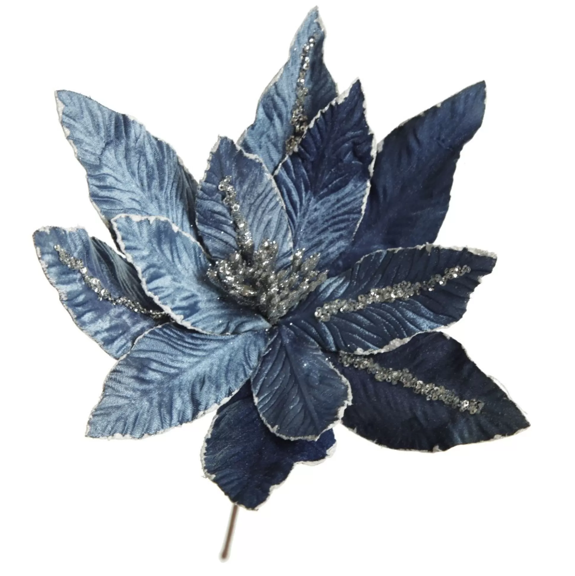 Denim Blue Poinsettia Flower Stem with Silver Glitter Highlights Christmas Flowers |