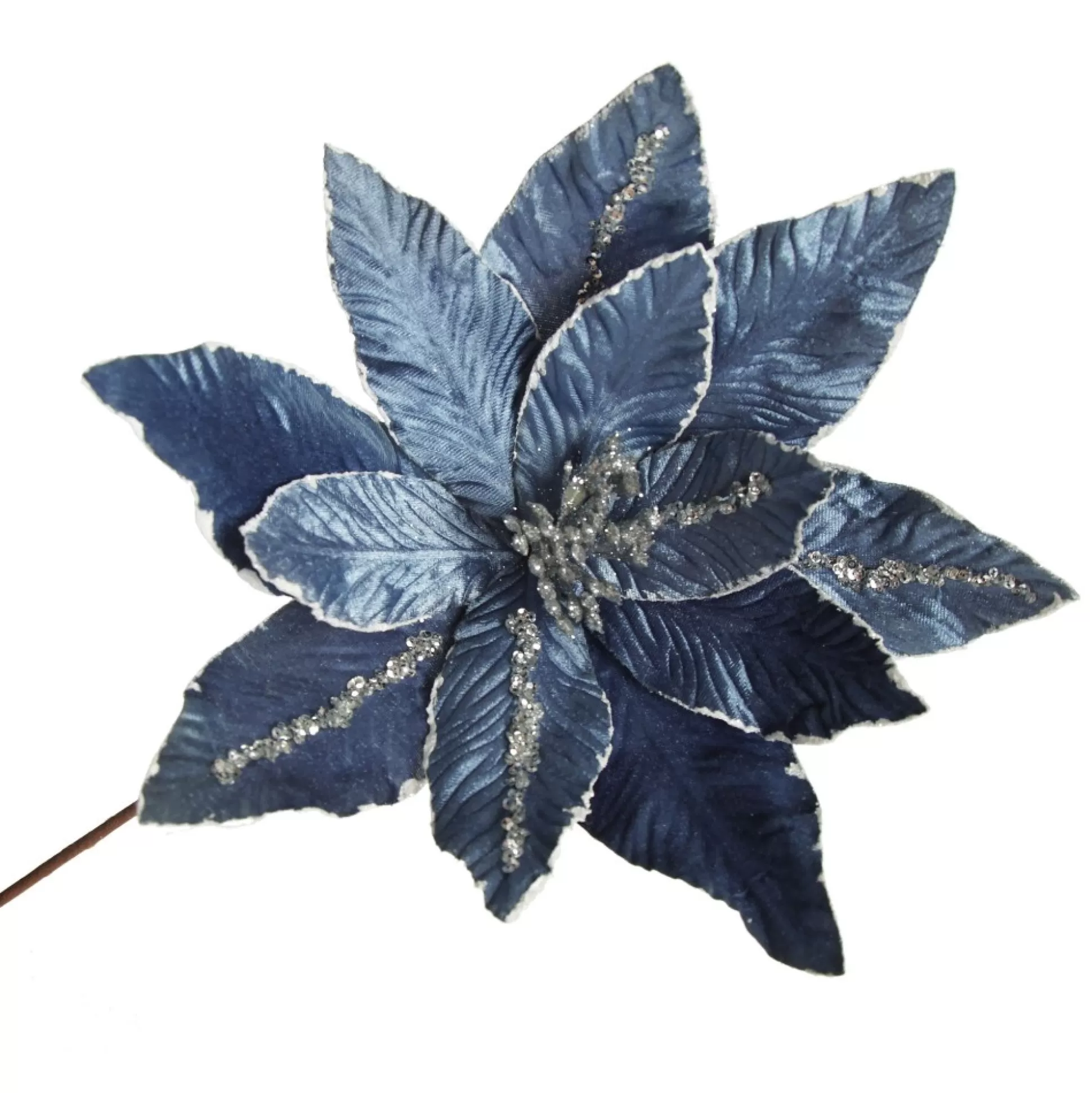 Denim Blue Poinsettia Flower Stem with Silver Glitter Highlights Christmas Flowers |