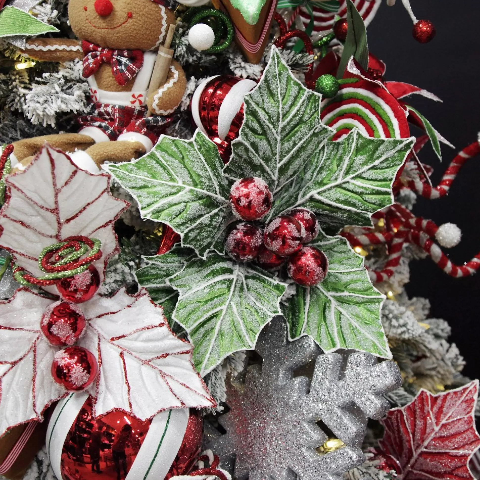 Frosted Green Holly Leaf Stem with Red Berries Christmas Flowers |