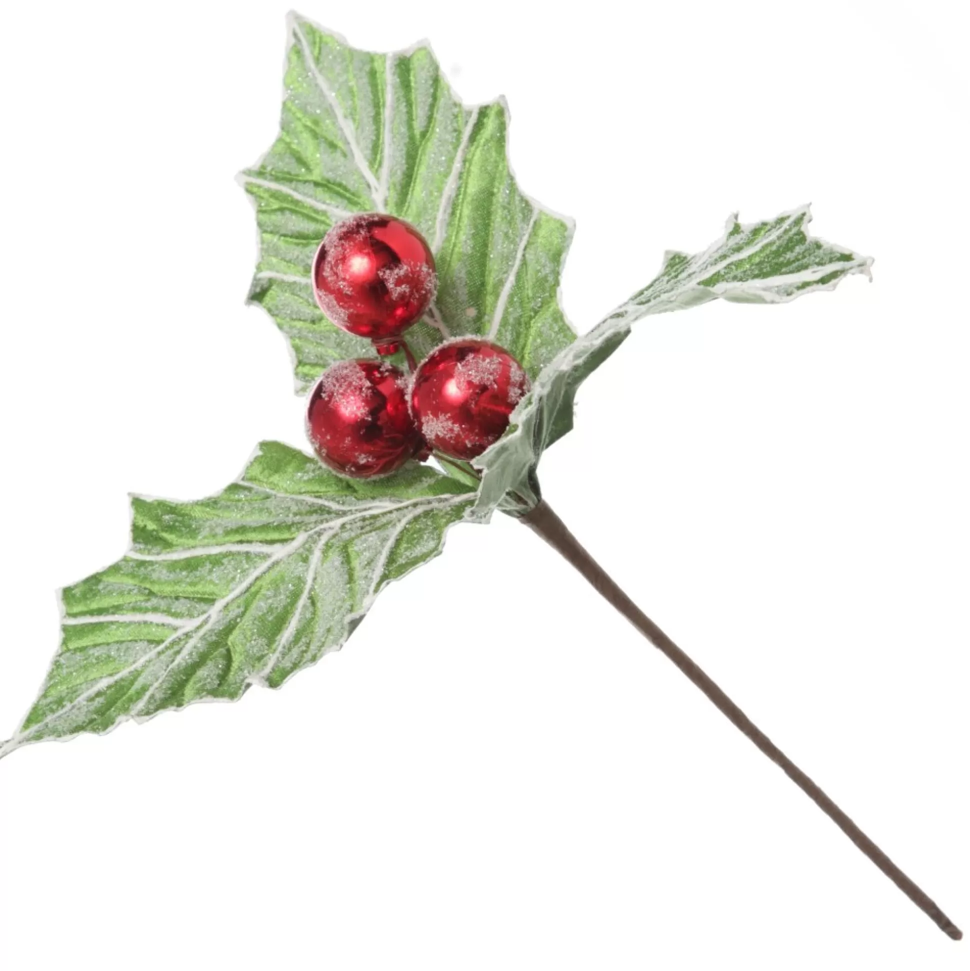 Frosted Green Holly Leaf Stem with Red Berries Christmas Flowers |