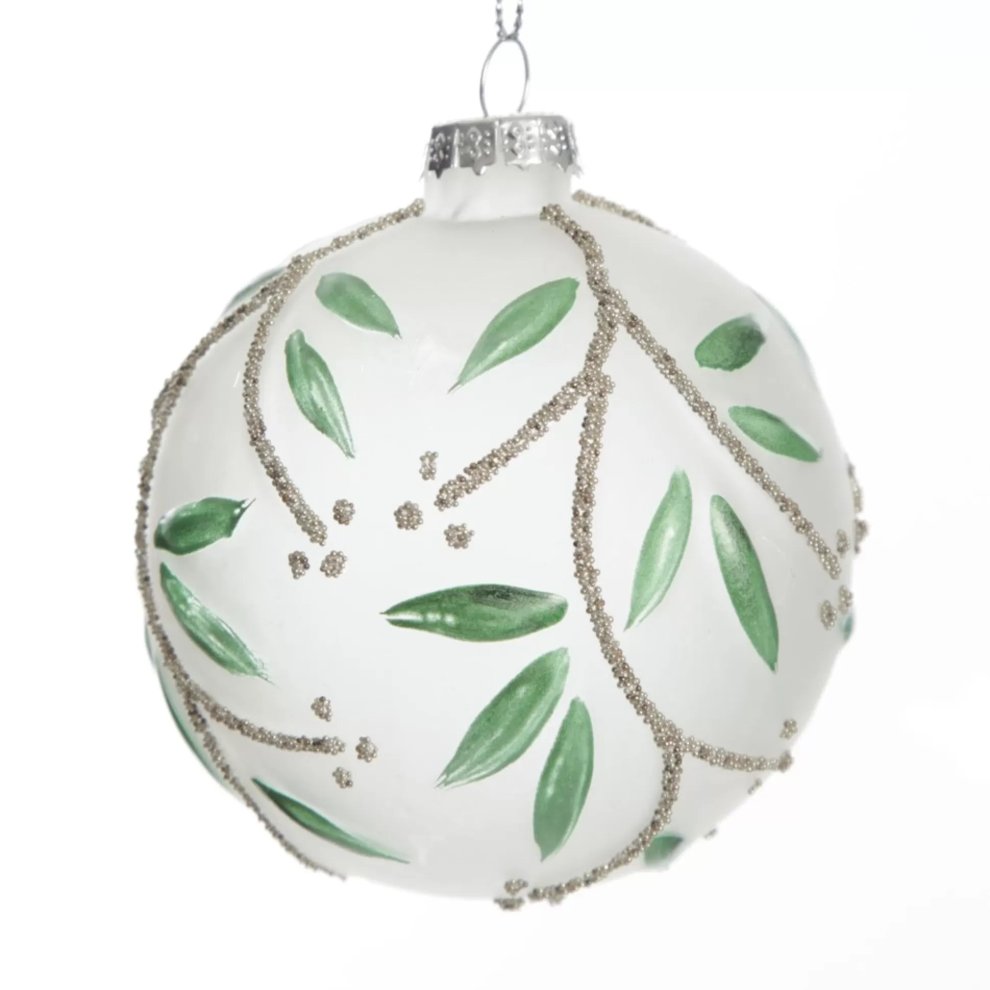 Frosted White Bauble with Green Leaves Decorative Christmas Baubles |