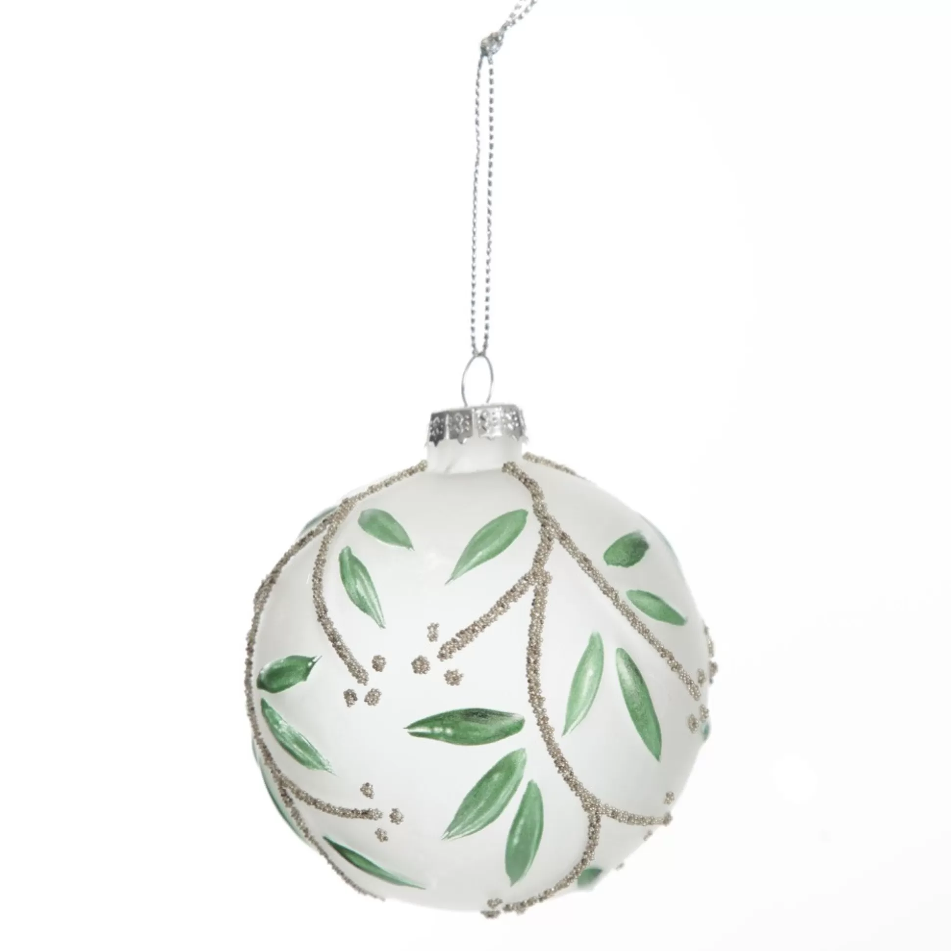 Frosted White Bauble with Green Leaves Decorative Christmas Baubles |