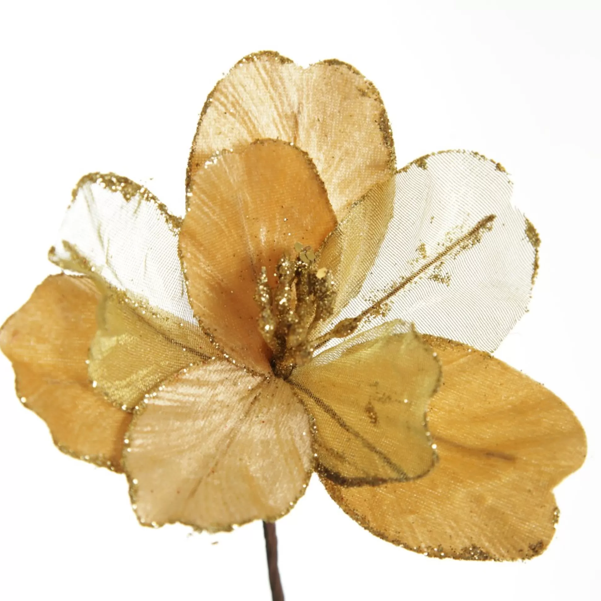 Gold Satin Magnolia Flower Stem with Glitter Trim Christmas Flowers |