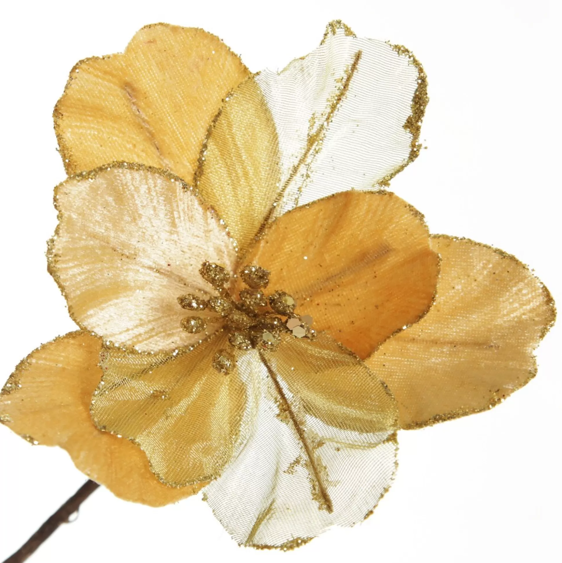 Gold Satin Magnolia Flower Stem with Glitter Trim Christmas Flowers |