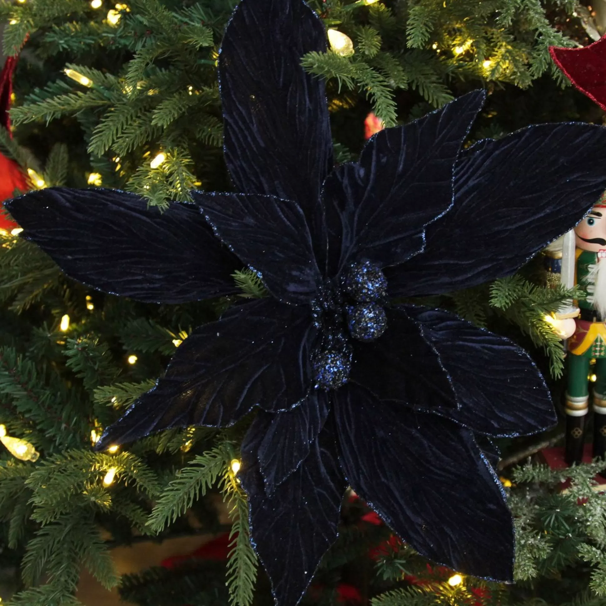 Large Blue Poinsettia Flower Stem with Glitter Trim Christmas Flowers |