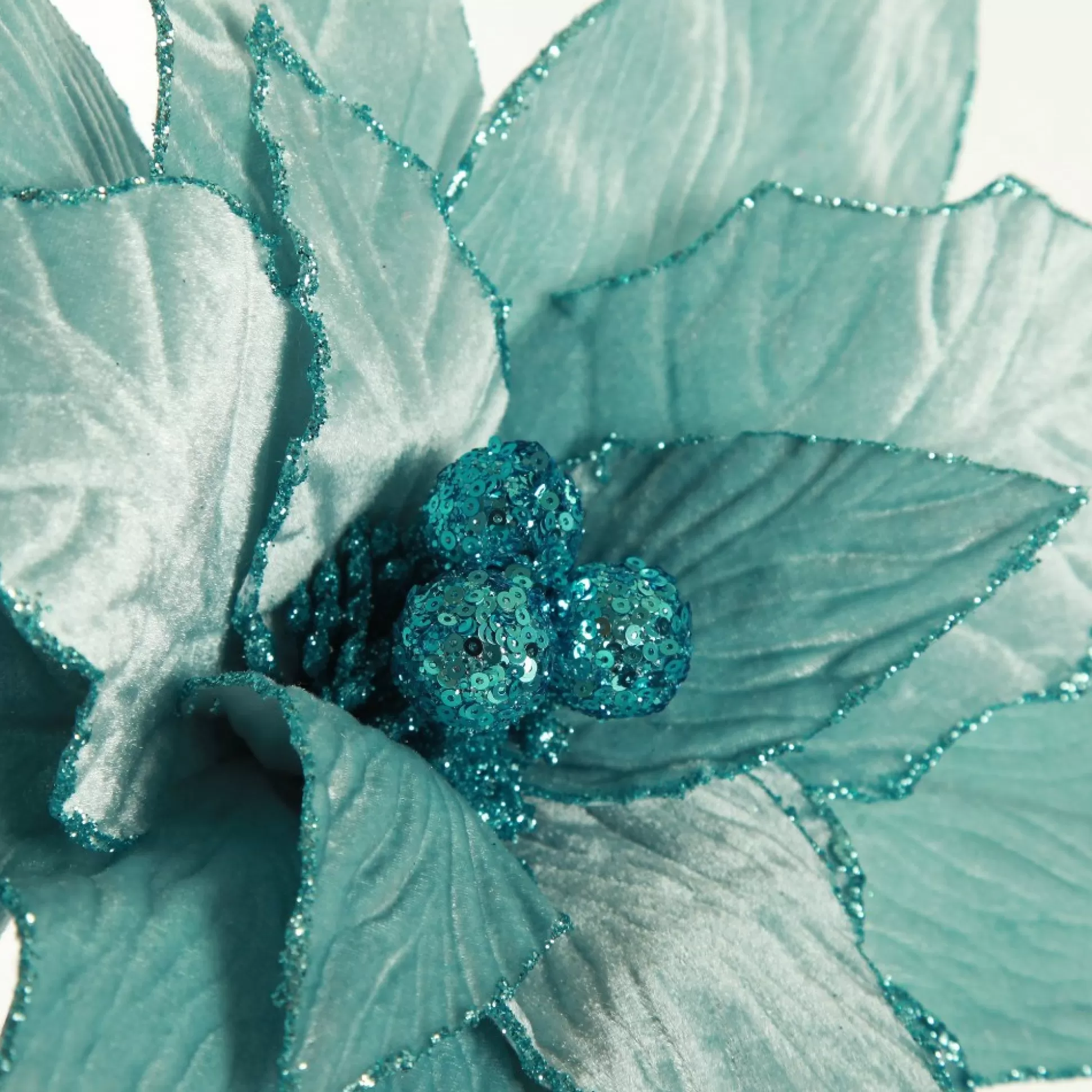 Large Pale Blue Poinsettia Flower Stem with Glitter Trim Christmas Flowers |