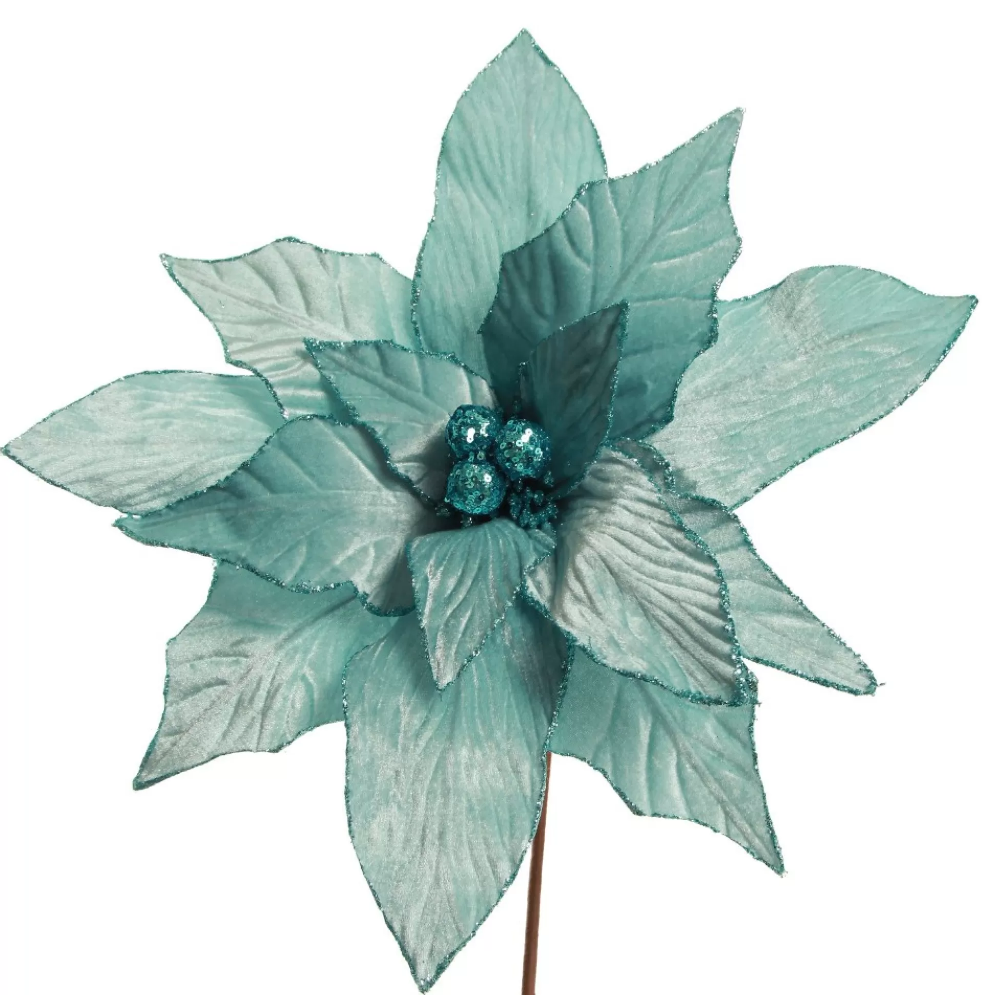 Large Pale Blue Poinsettia Flower Stem with Glitter Trim Christmas Flowers |