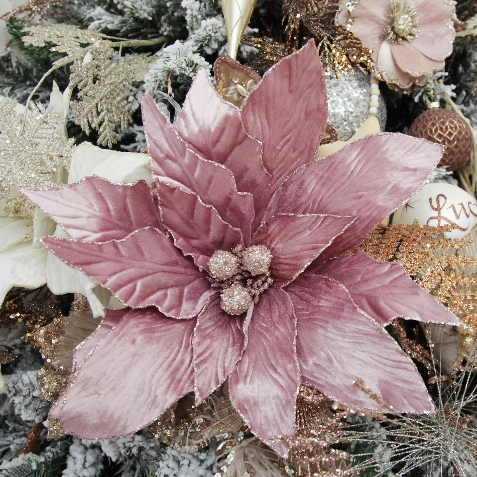 Large Pink Poinsettia Flower Stem with Glitter Trim Christmas Flowers |