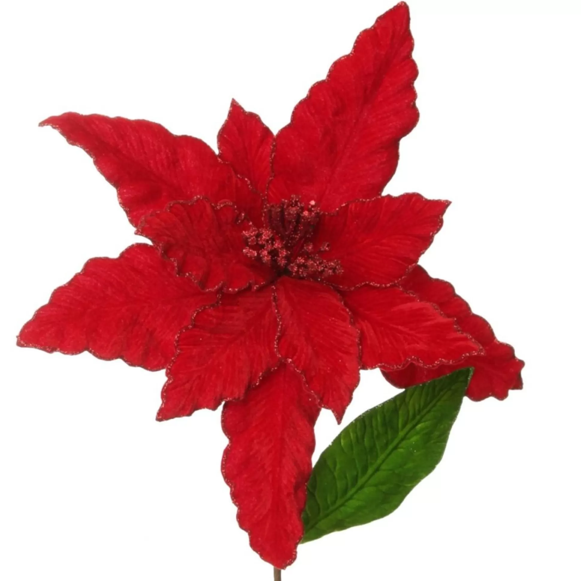 Large Red Poinsettia Flower Pick with Red Glitter Trim Christmas Flowers |