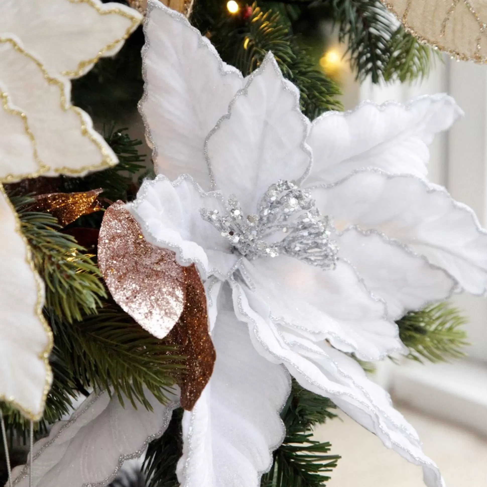 Large White Poinsettia Flower Pick with Silver Glitter Trim Christmas Flowers |