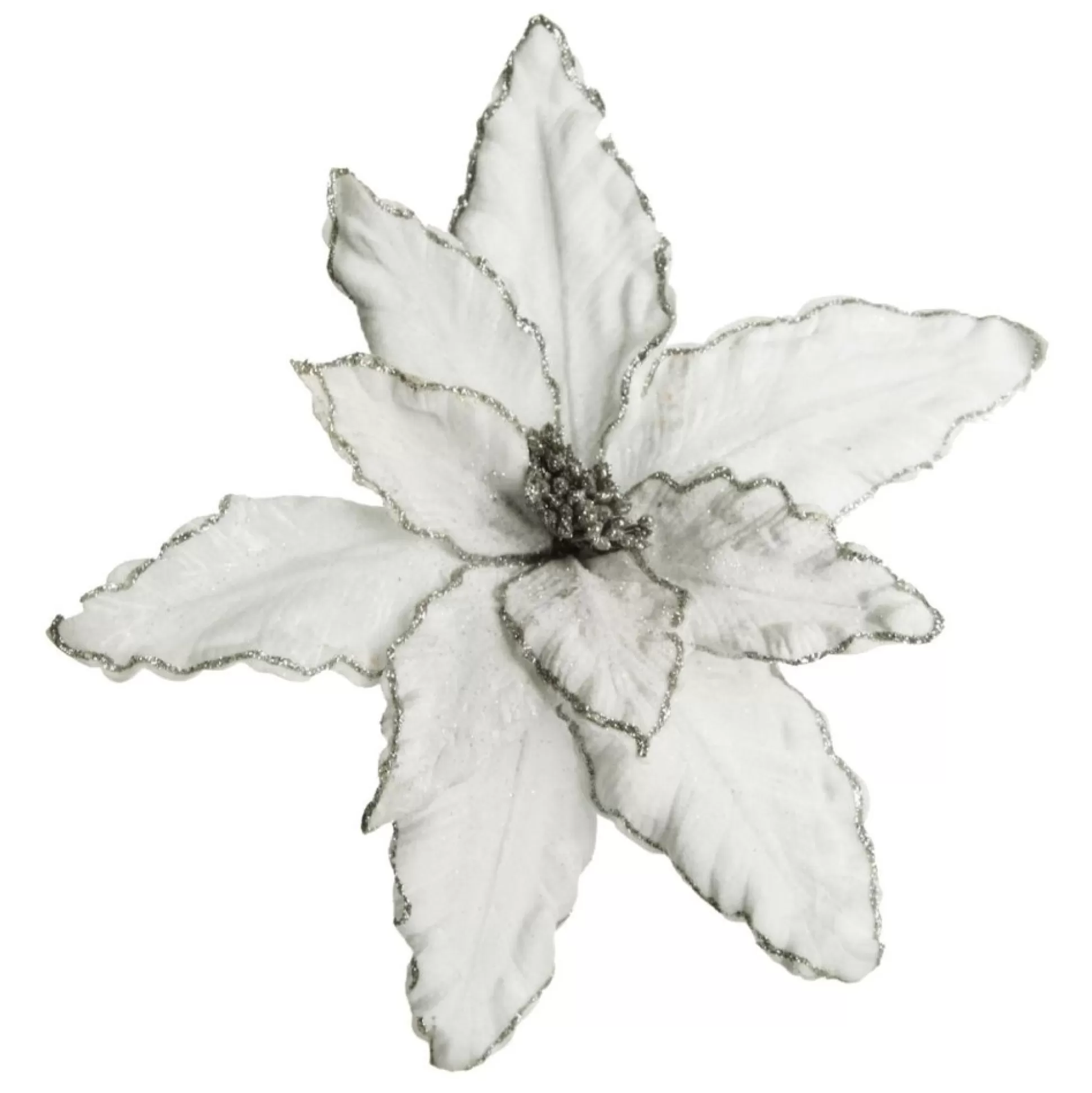 Large White Poinsettia Flower Pick with Silver Glitter Trim Christmas Flowers |