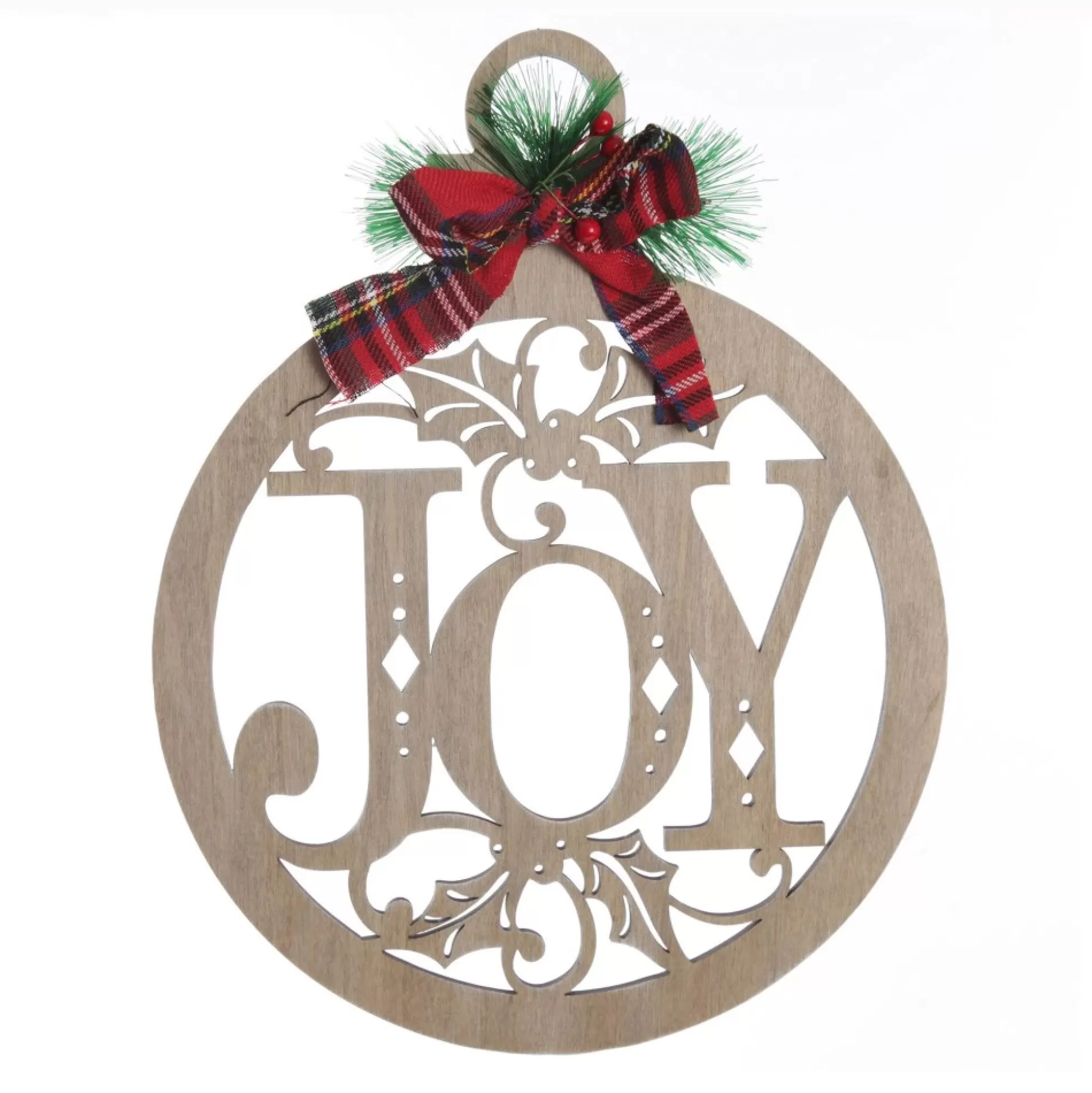 Laser Cut Joy Plywood Hanging Christmas Bauble Tartan bow Wall Hangings And Signs |
