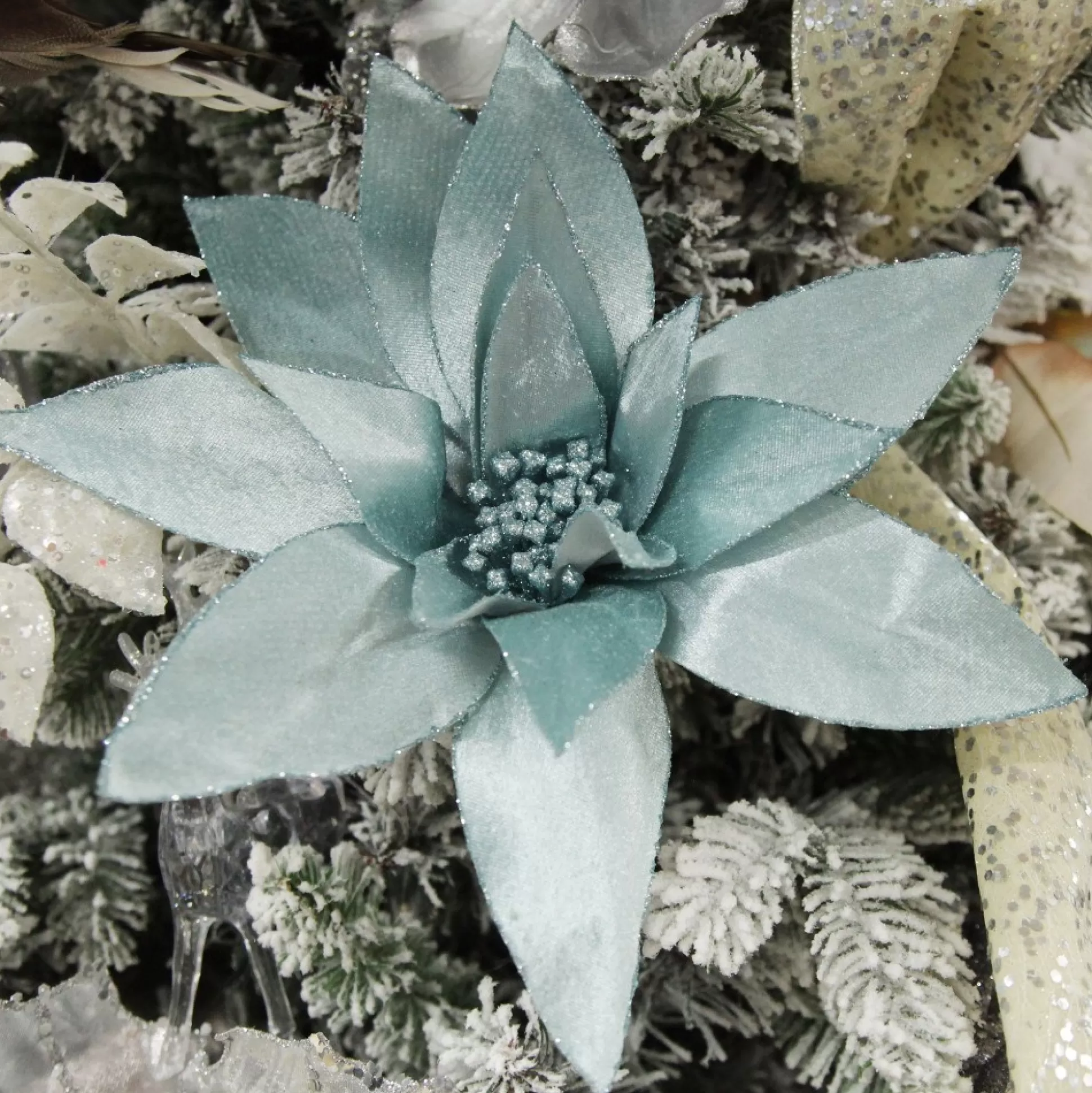 Light Blue Lily Flower Stem with Glitter Trim Christmas Flowers |