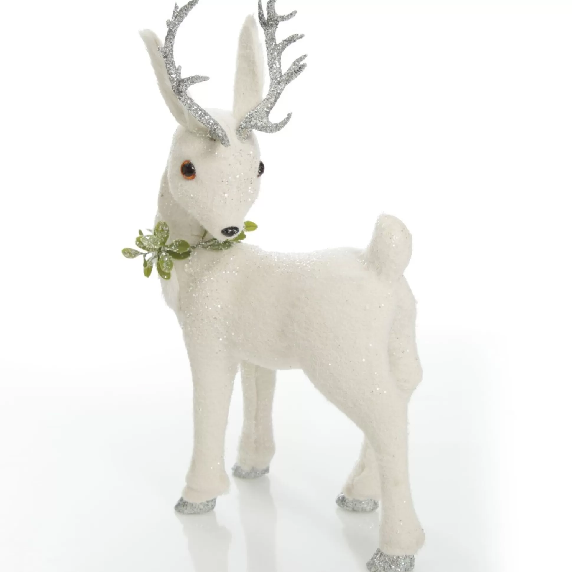 Medium White Sisal Standing Deer with Silver Glitter Antlers Christmas Birds And Animals |