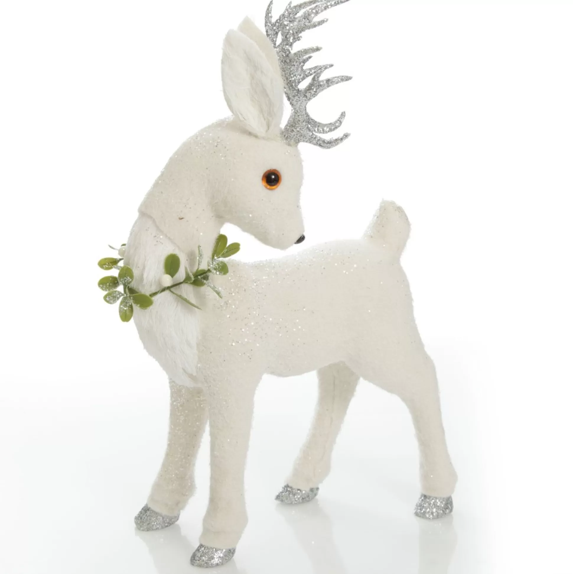 Medium White Sisal Standing Deer with Silver Glitter Antlers Christmas Birds And Animals |
