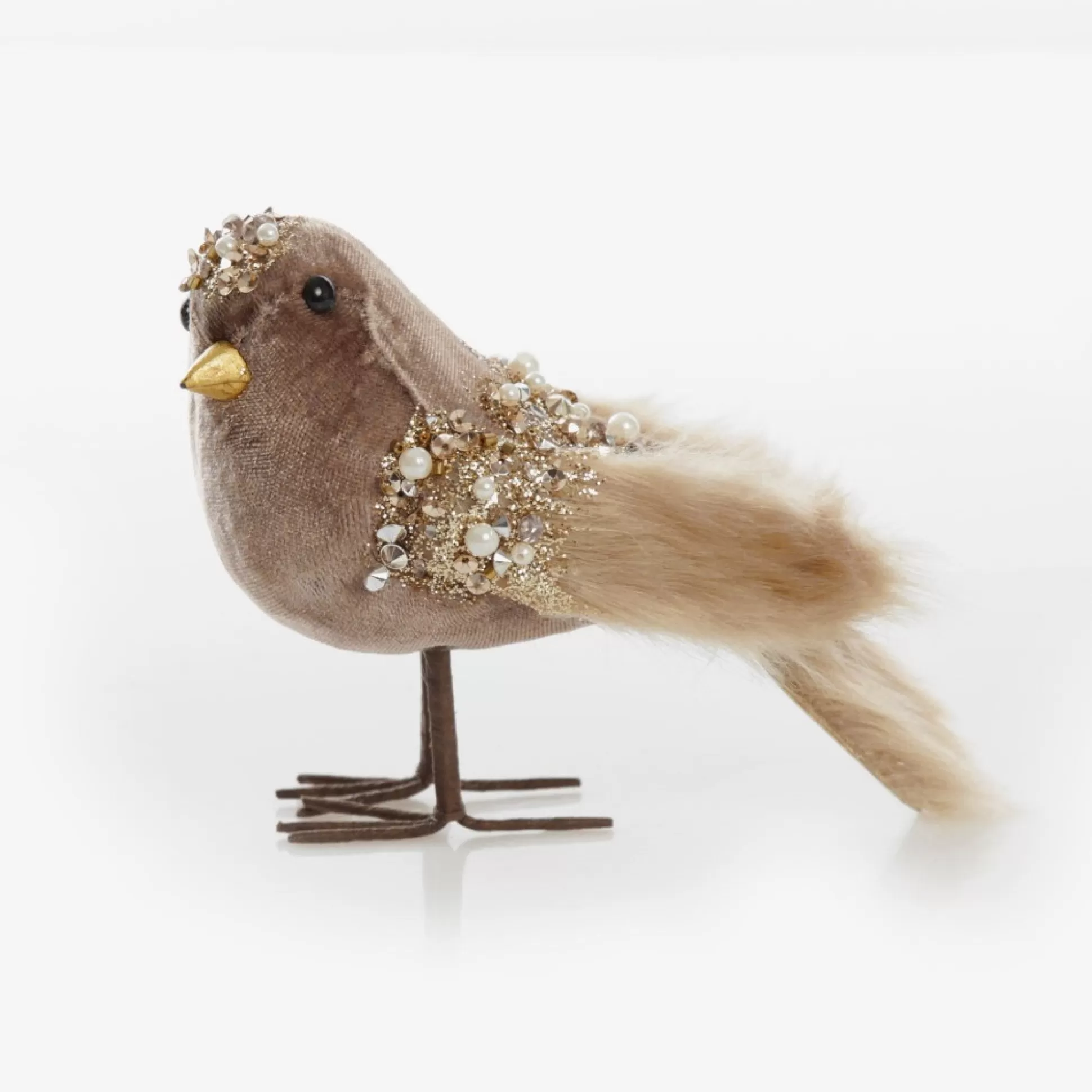 Mocha Velvet Beaded Standing Bird Christmas Birds And Animals |