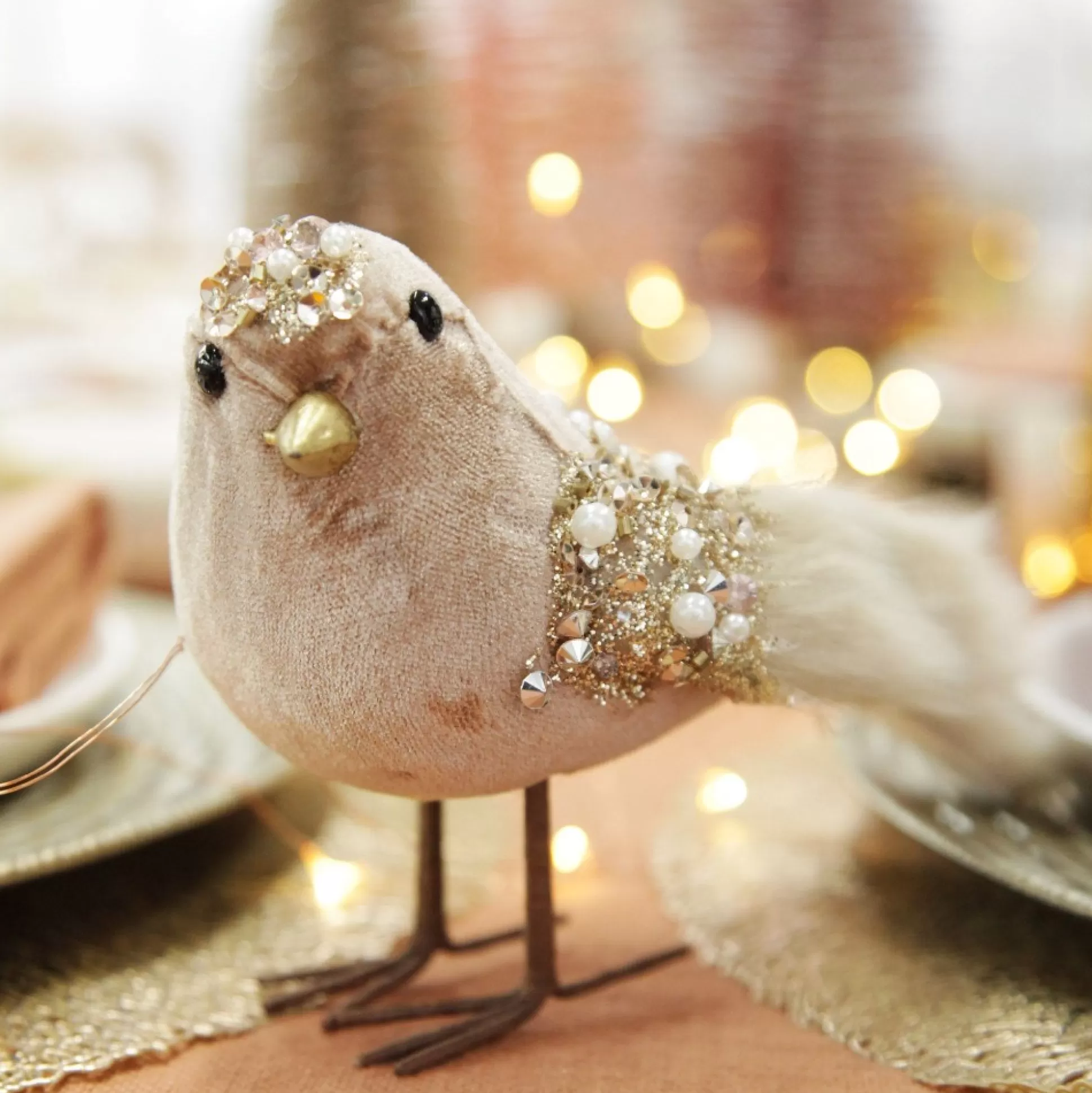 Mocha Velvet Beaded Standing Bird Christmas Birds And Animals |