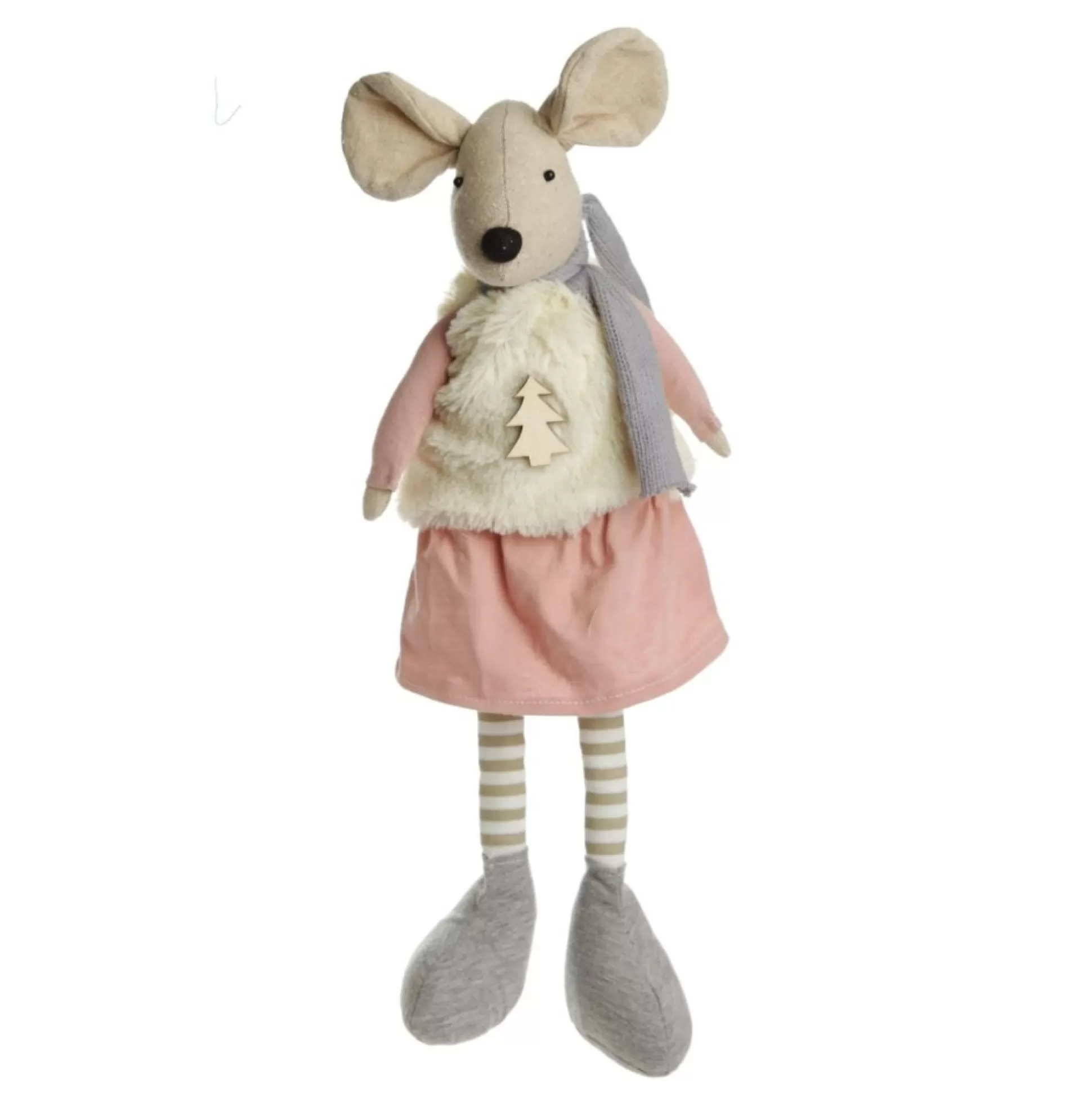 Natural Calico Fabric Girl Mouse Grey and Pink Christmas Birds And Animals |