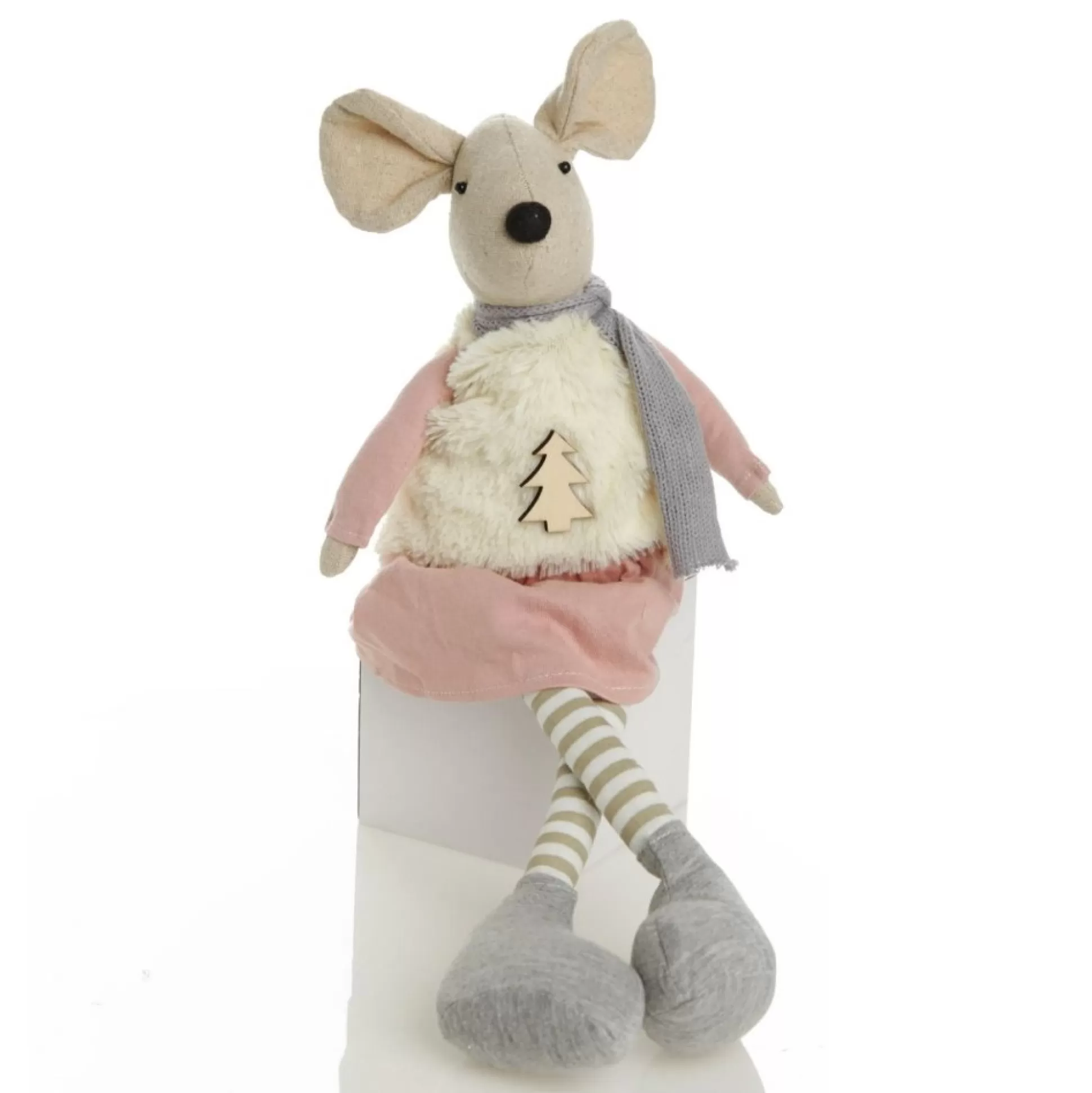 Natural Calico Fabric Girl Mouse Grey and Pink Christmas Birds And Animals |