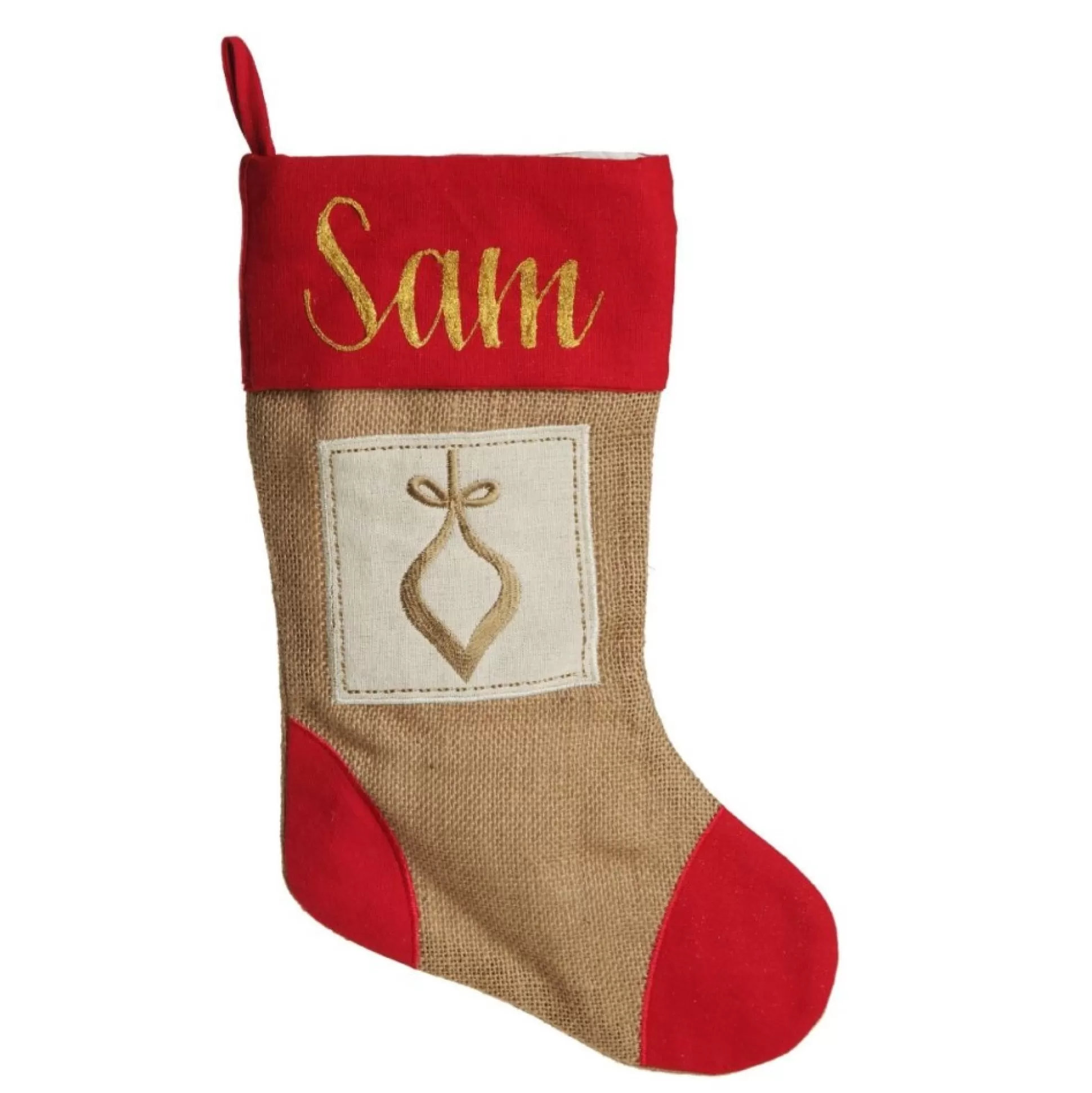 Personalised Burlap and Linen Bauble Stocking with Red Trim Personalised Stockings |