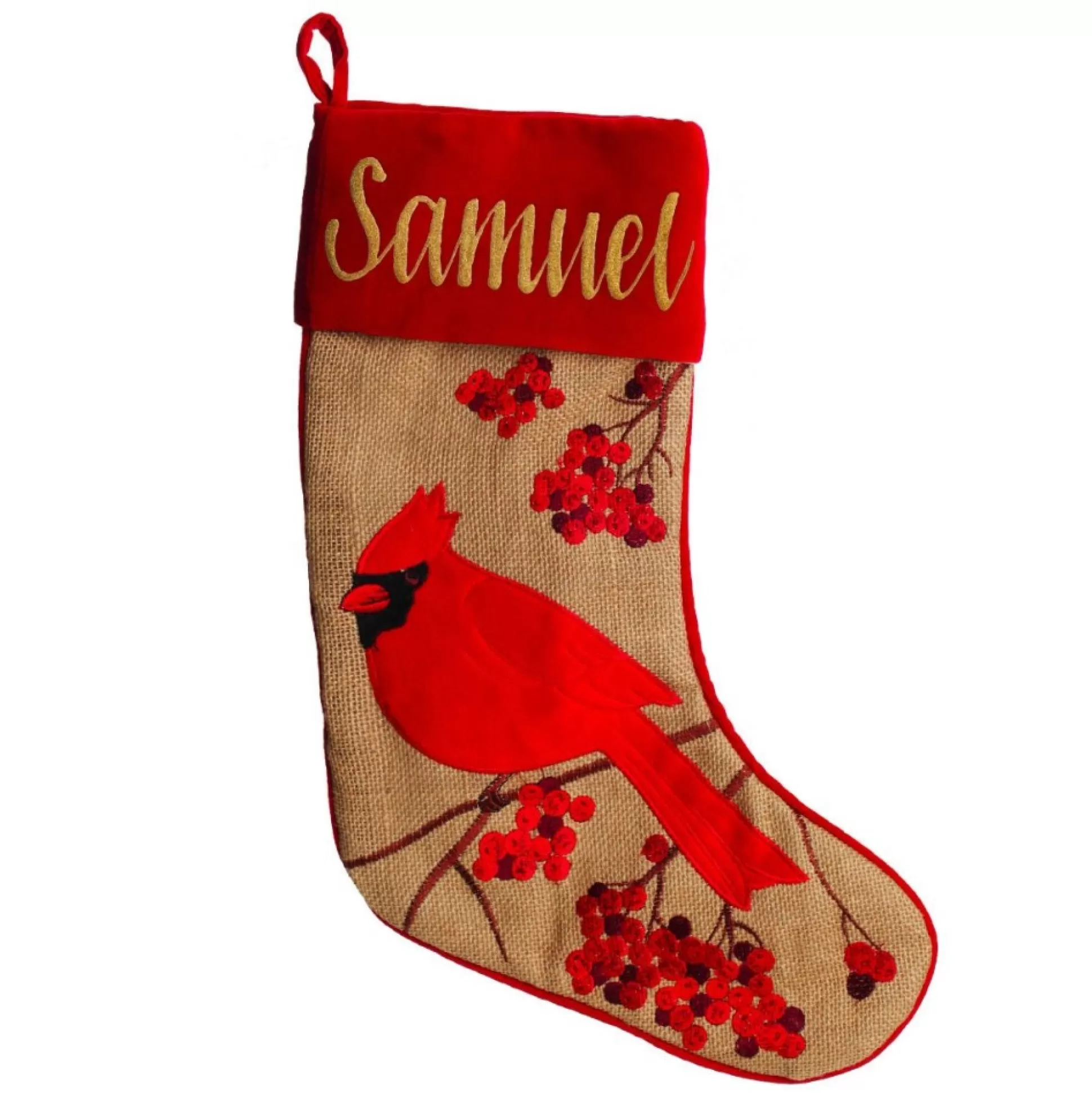 Personalised Burlap Cardinal Bird Christmas Stocking Personalised Stockings |