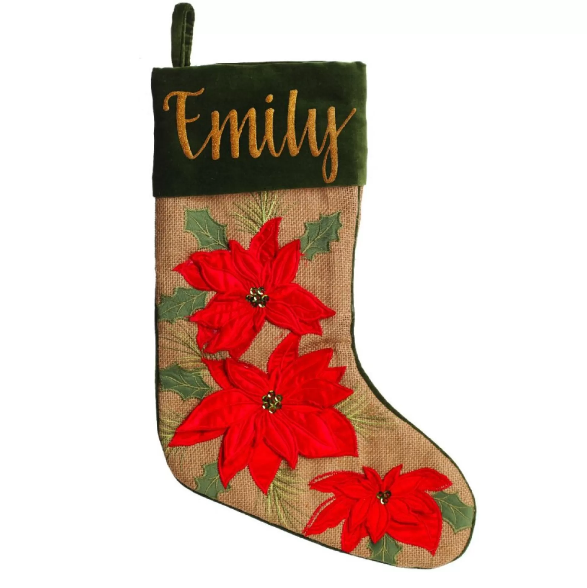 Personalised Burlap Poinsettia Christmas Stocking Personalised Stockings |