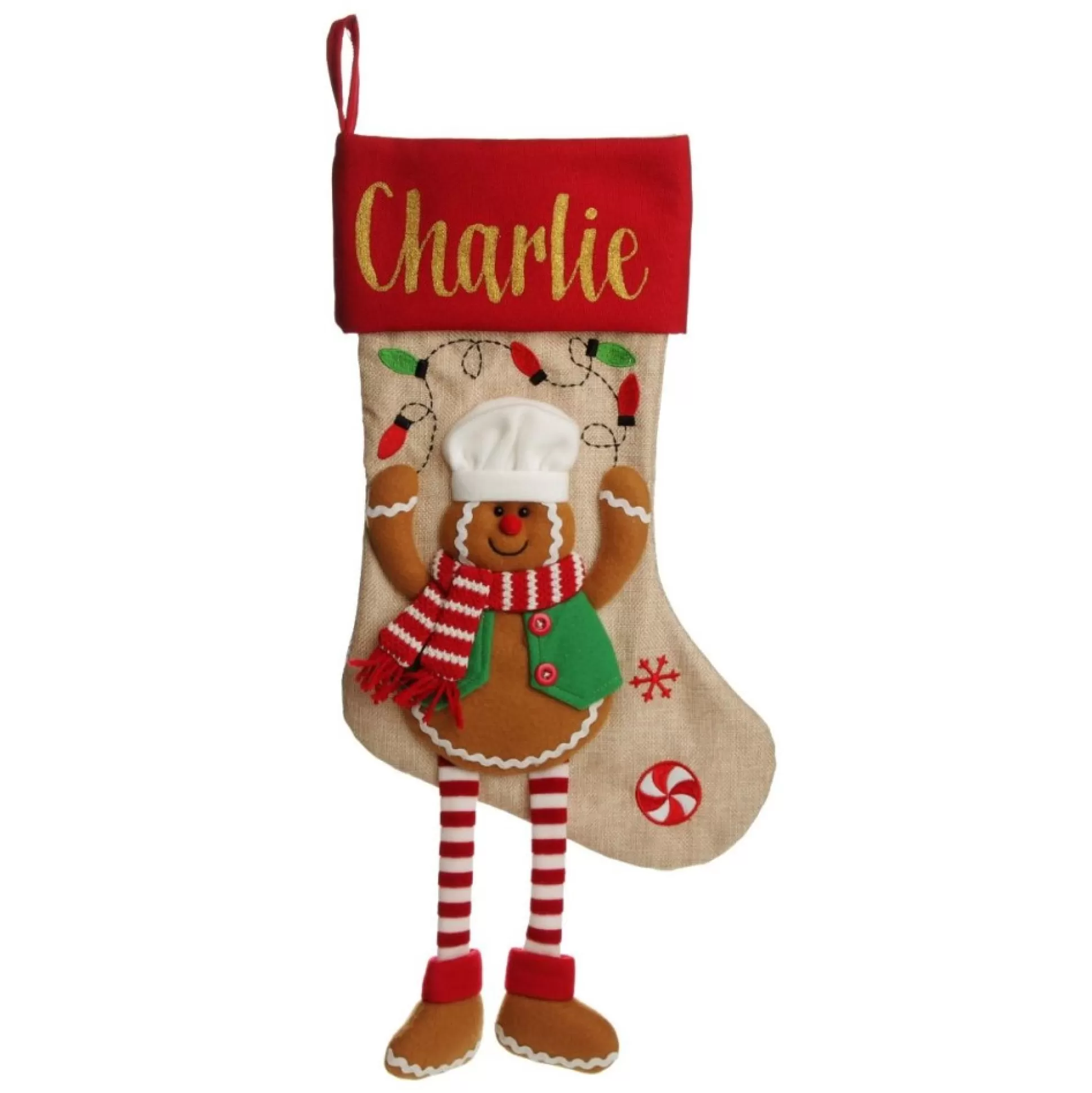 Personalised Gingerbread Boy Christmas Stocking with Dangly Legs Personalised Stockings |