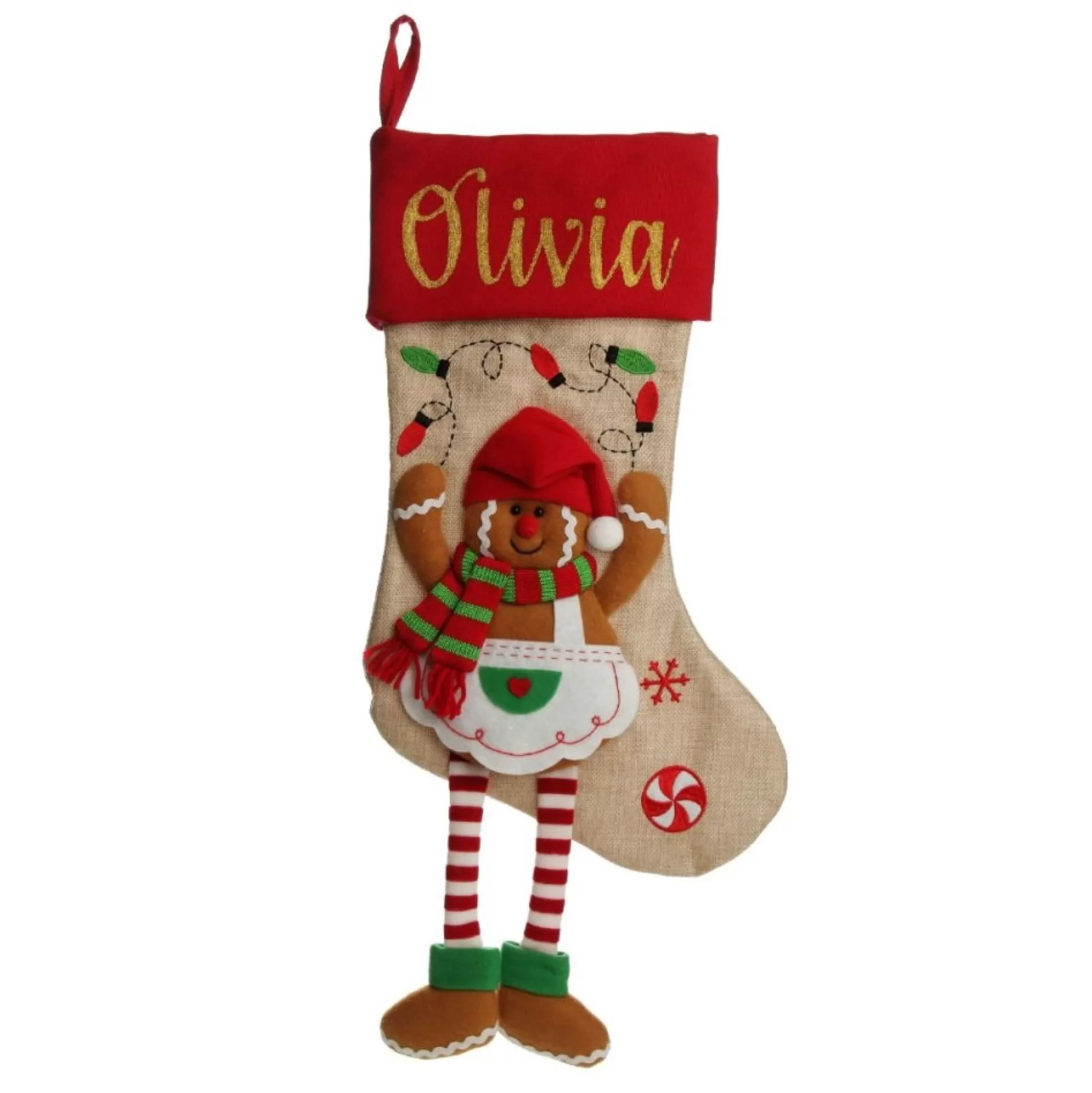 Personalised Gingerbread Girl Christmas Stocking with Dangly Legs Personalised Stockings |