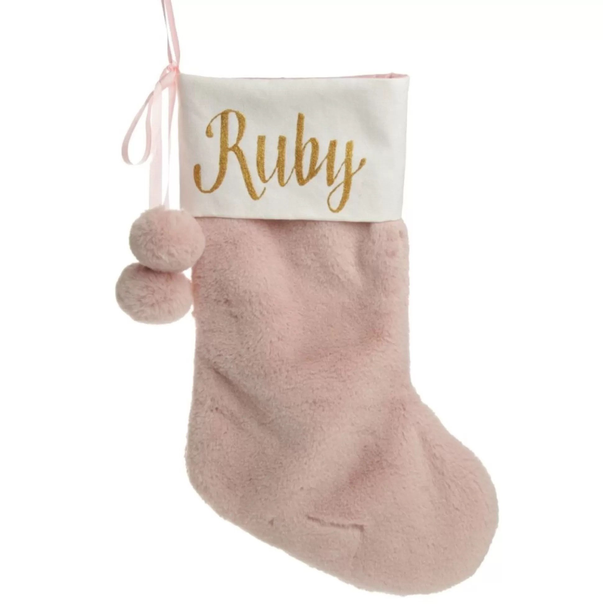 Personalised Pink Fur Christmas Stocking with Pom Poms Personalised Stockings |