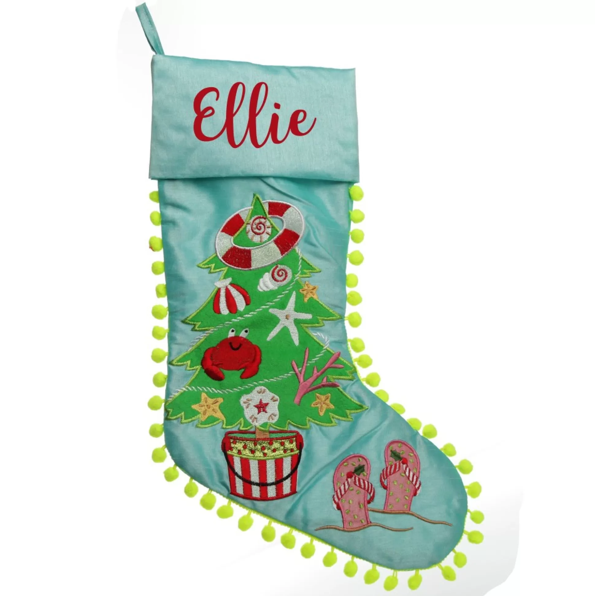 Personalised Pom Pom Beach Tree Christmas Stocking Personalised Stockings |