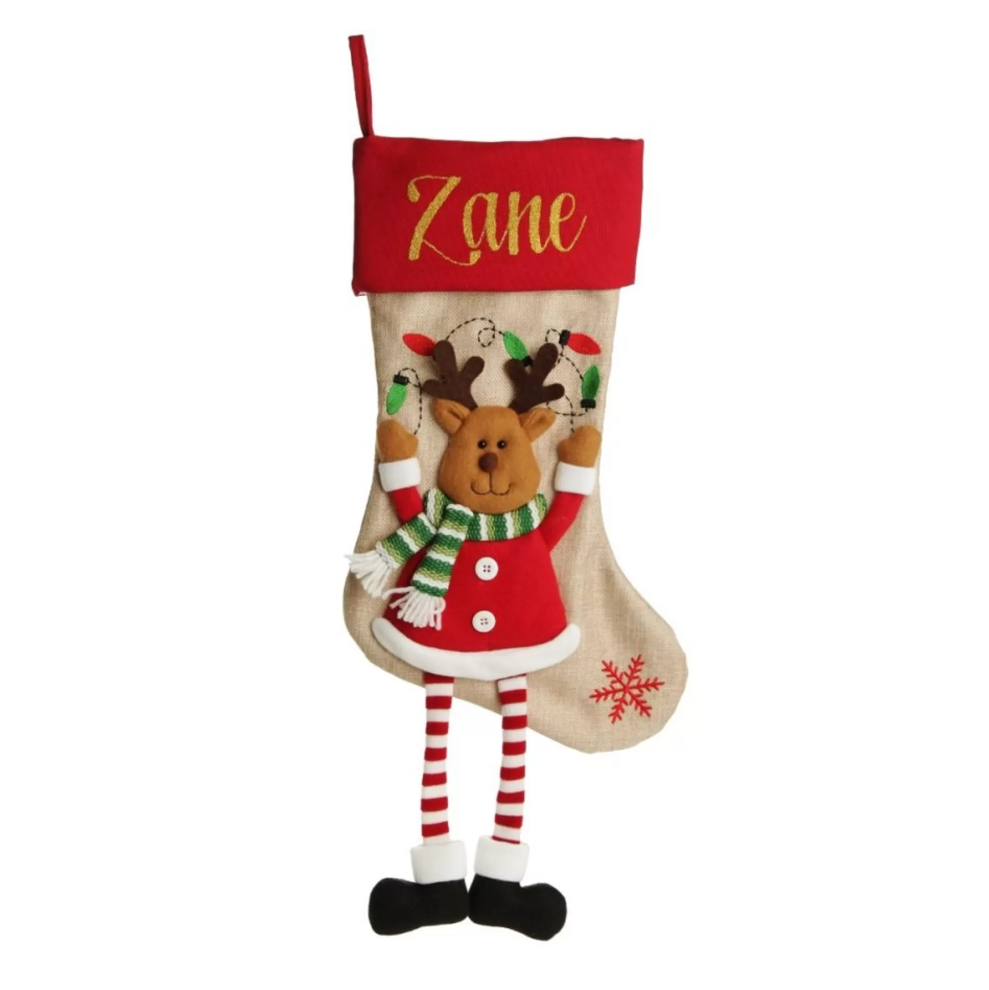 Personalised Reindeer Christmas Stocking with Dangly Legs Personalised Stockings |