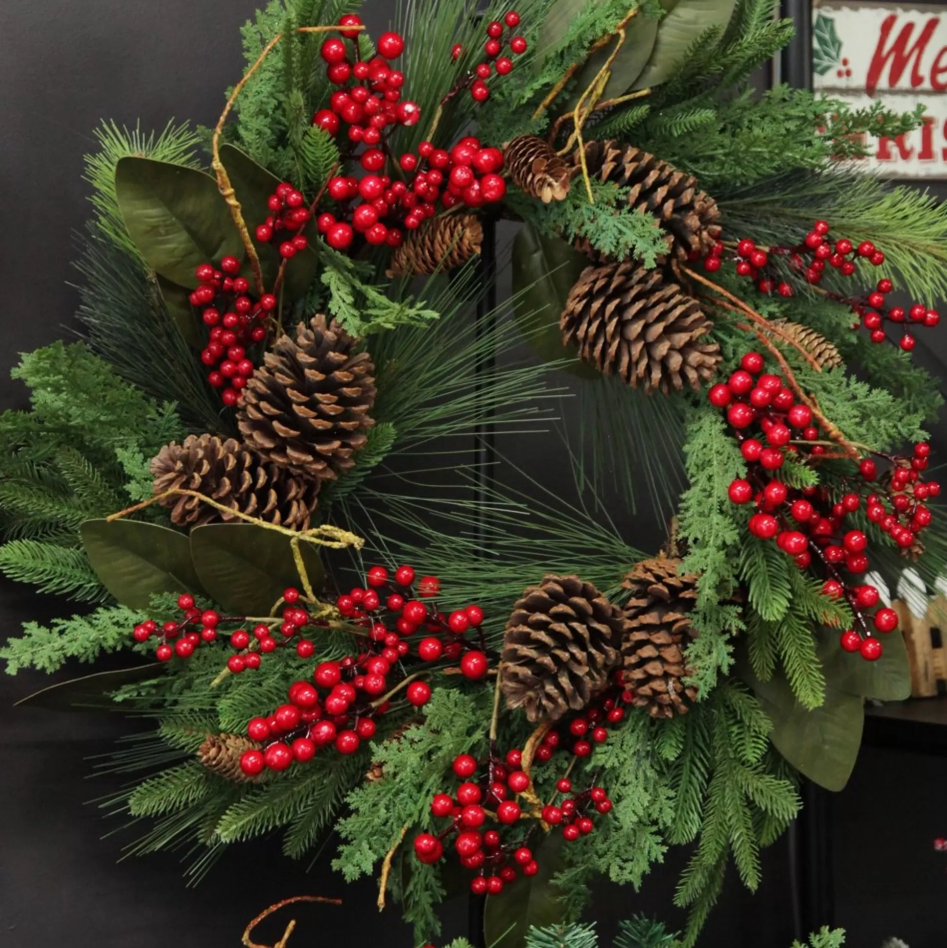 Pinecone and Red Berry Mixed Leaf Christmas Wreath Christmas Wreaths |