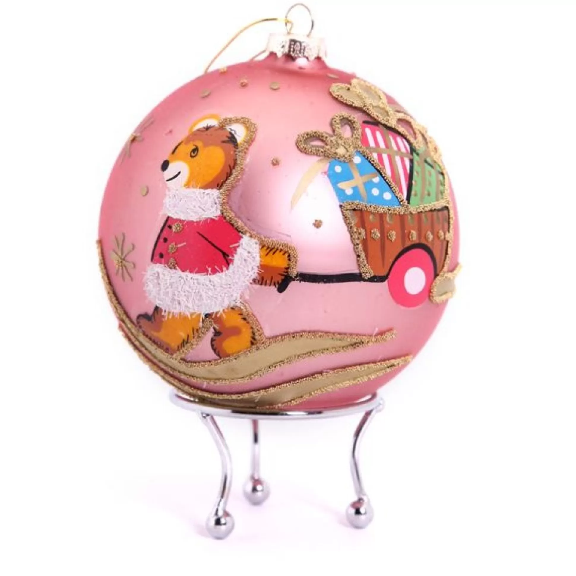 Pink Christmas Bear with Cart Bauble Personalised Baubles |