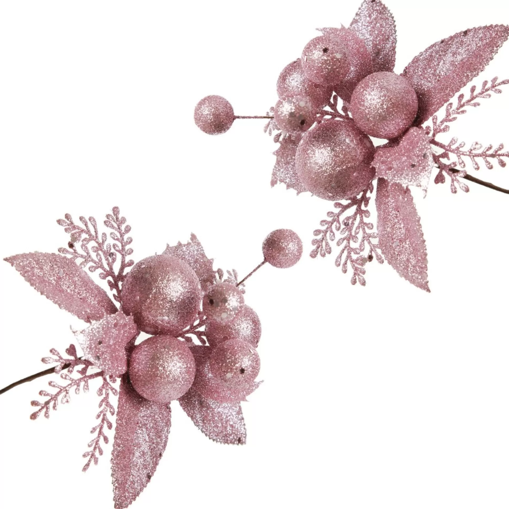 Pink Glitter Ball and Leaf Pick - Set of 2 Christmas Pick | Pink Glitter Ball And Leaf Pick - Set Of 2