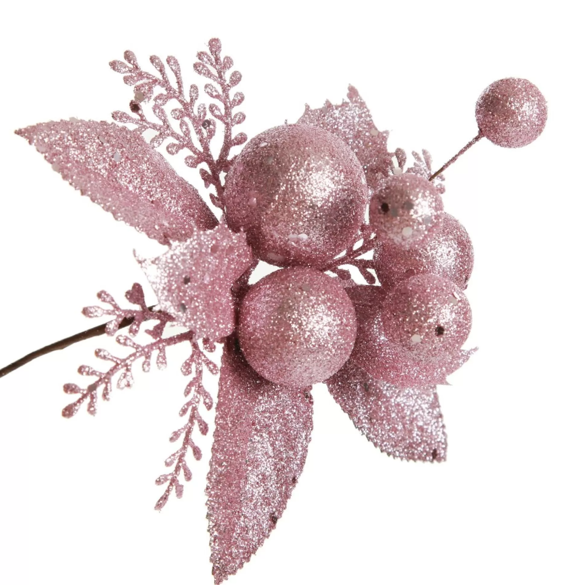 Pink Glitter Ball and Leaf Pick - Set of 2 Christmas Pick | Pink Glitter Ball And Leaf Pick - Set Of 2