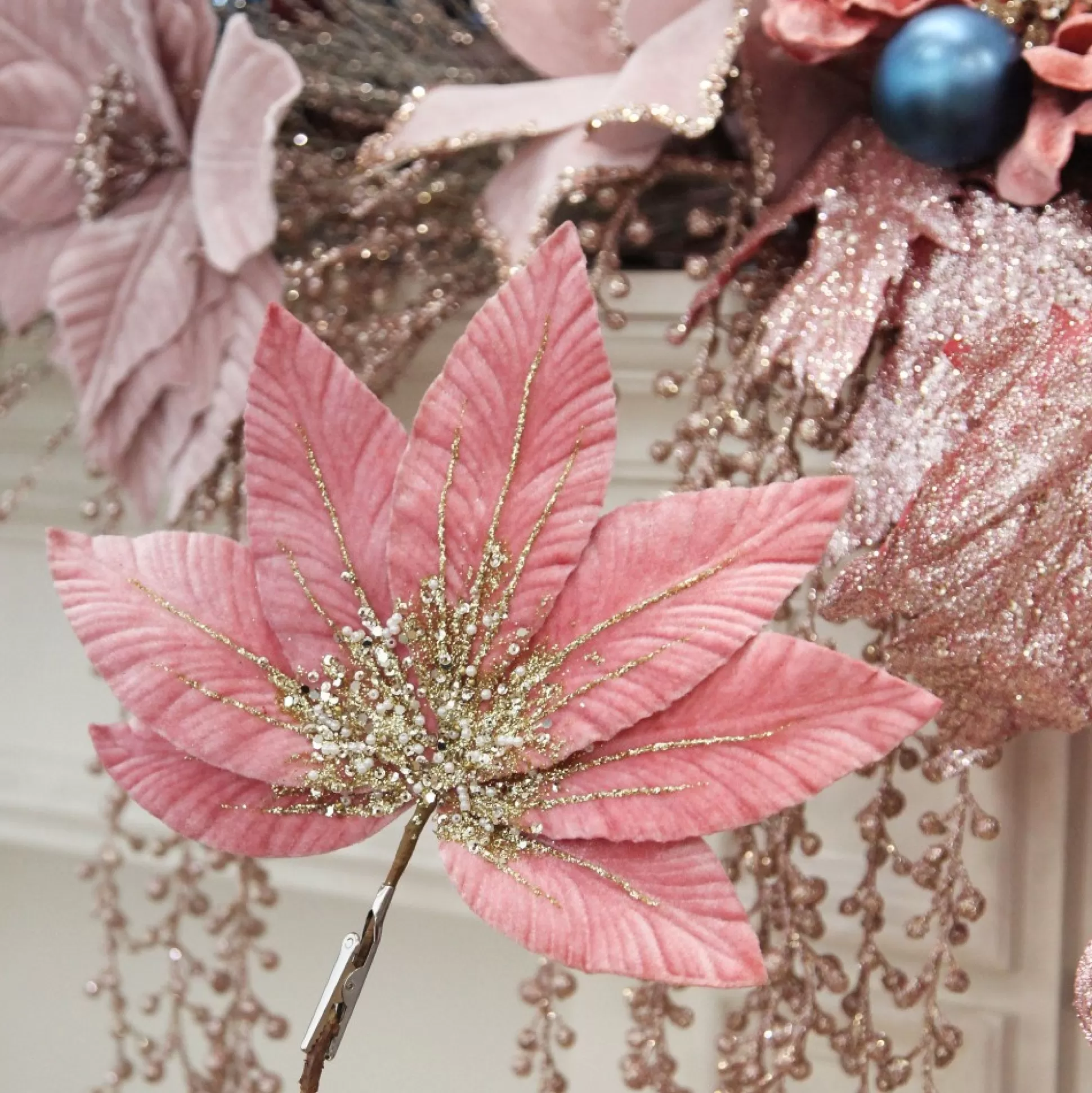 Pink Velour Fan Flower Clip with Jewel Centre Christmas Flowers |