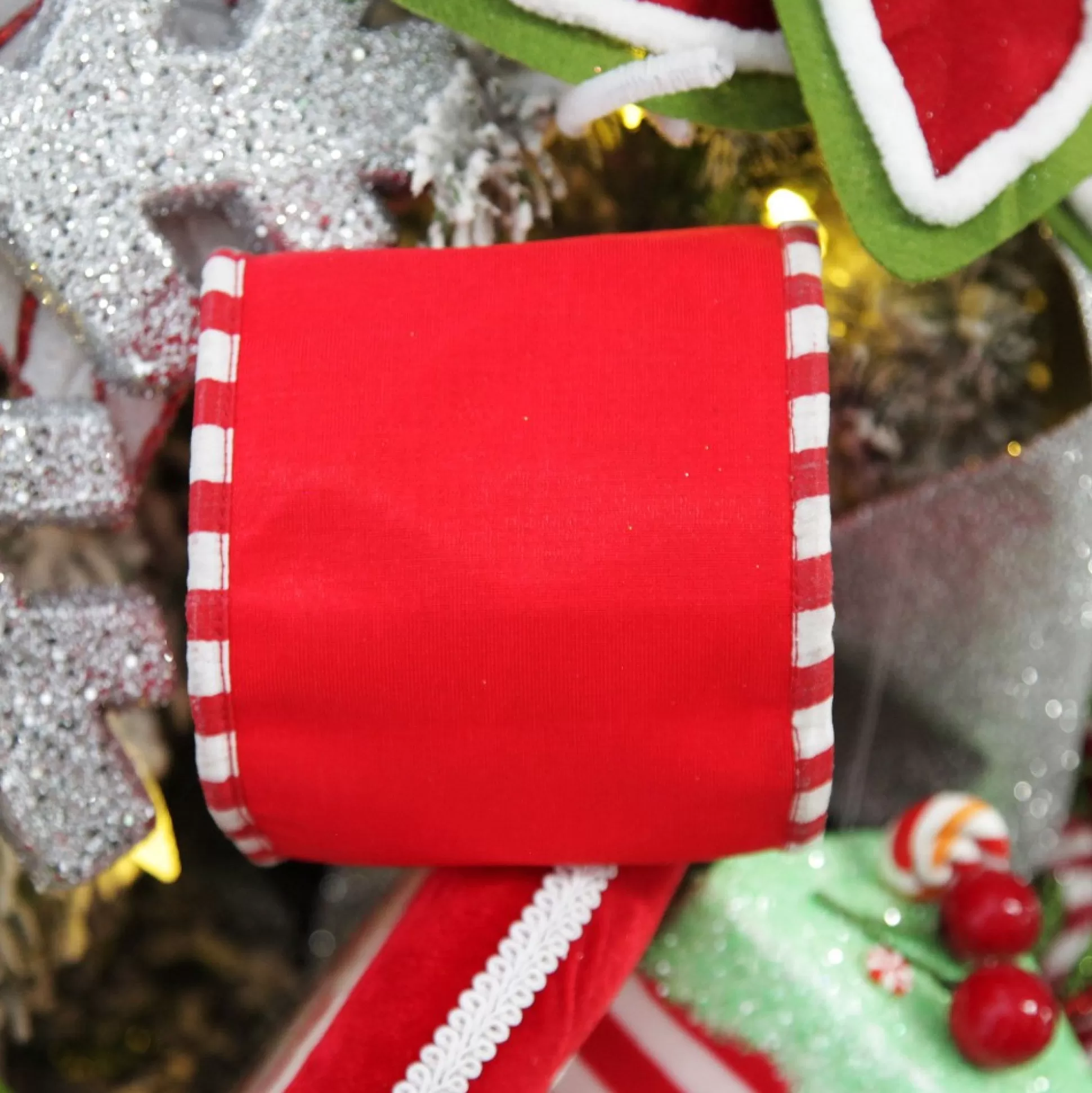 Red Christmas Ribbon Garland with Piped Striped Edge Tree Garlands |