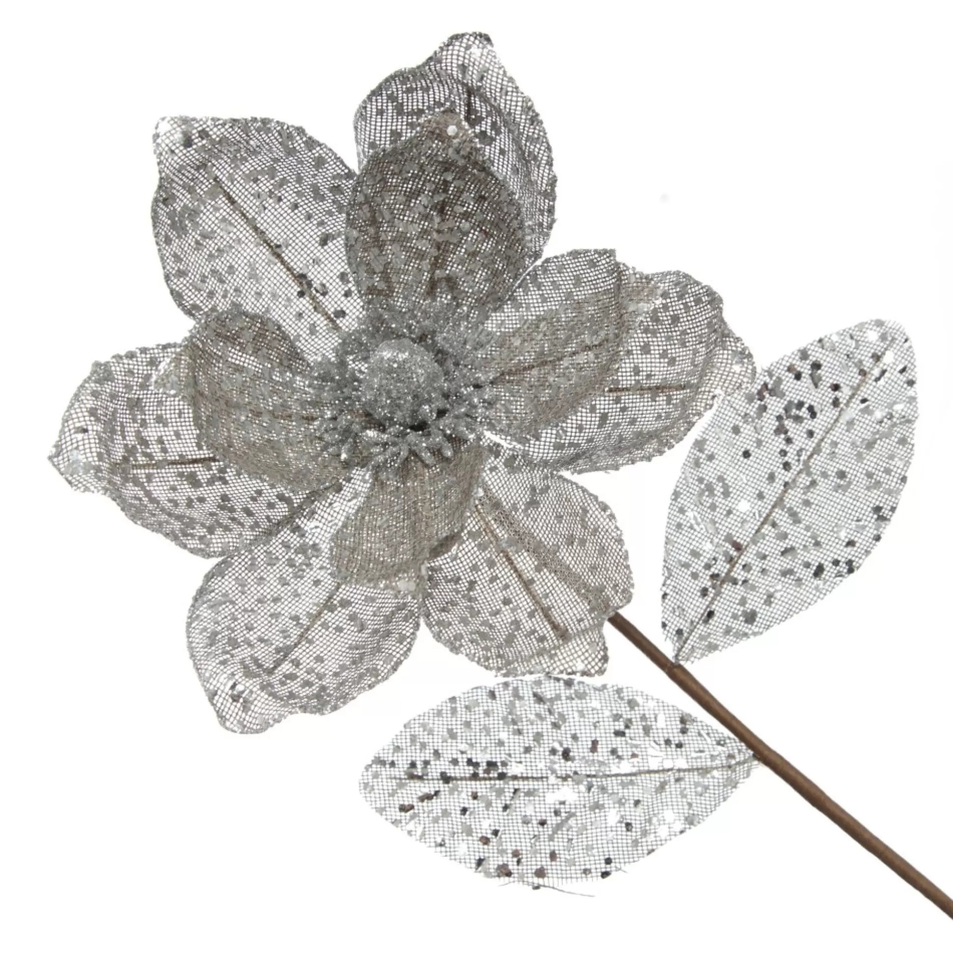 Silver and Sequin Magnolia Flower Stem Christmas Flowers |