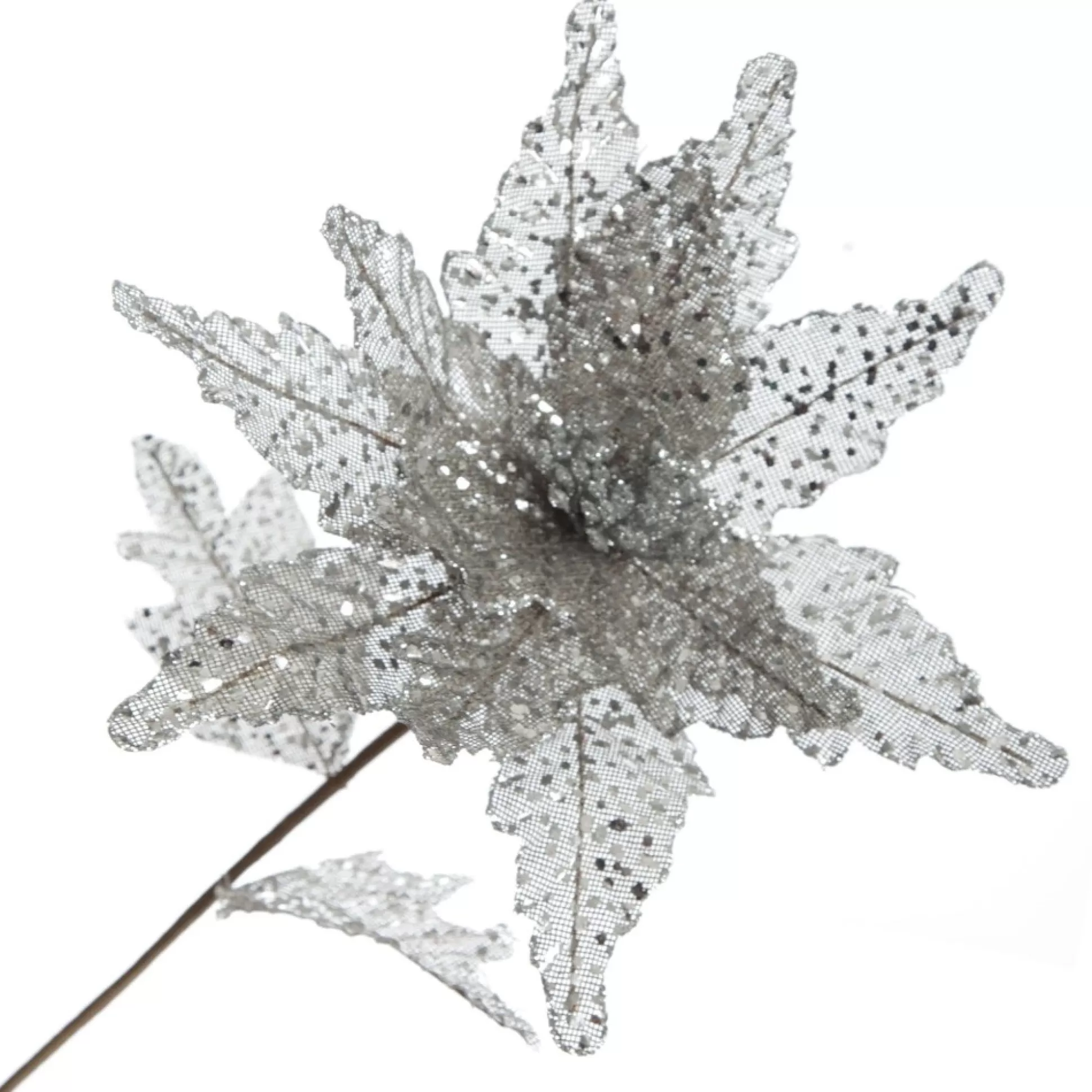 Silver and Sequin Poinsettia Flower Stem Christmas Flowers |