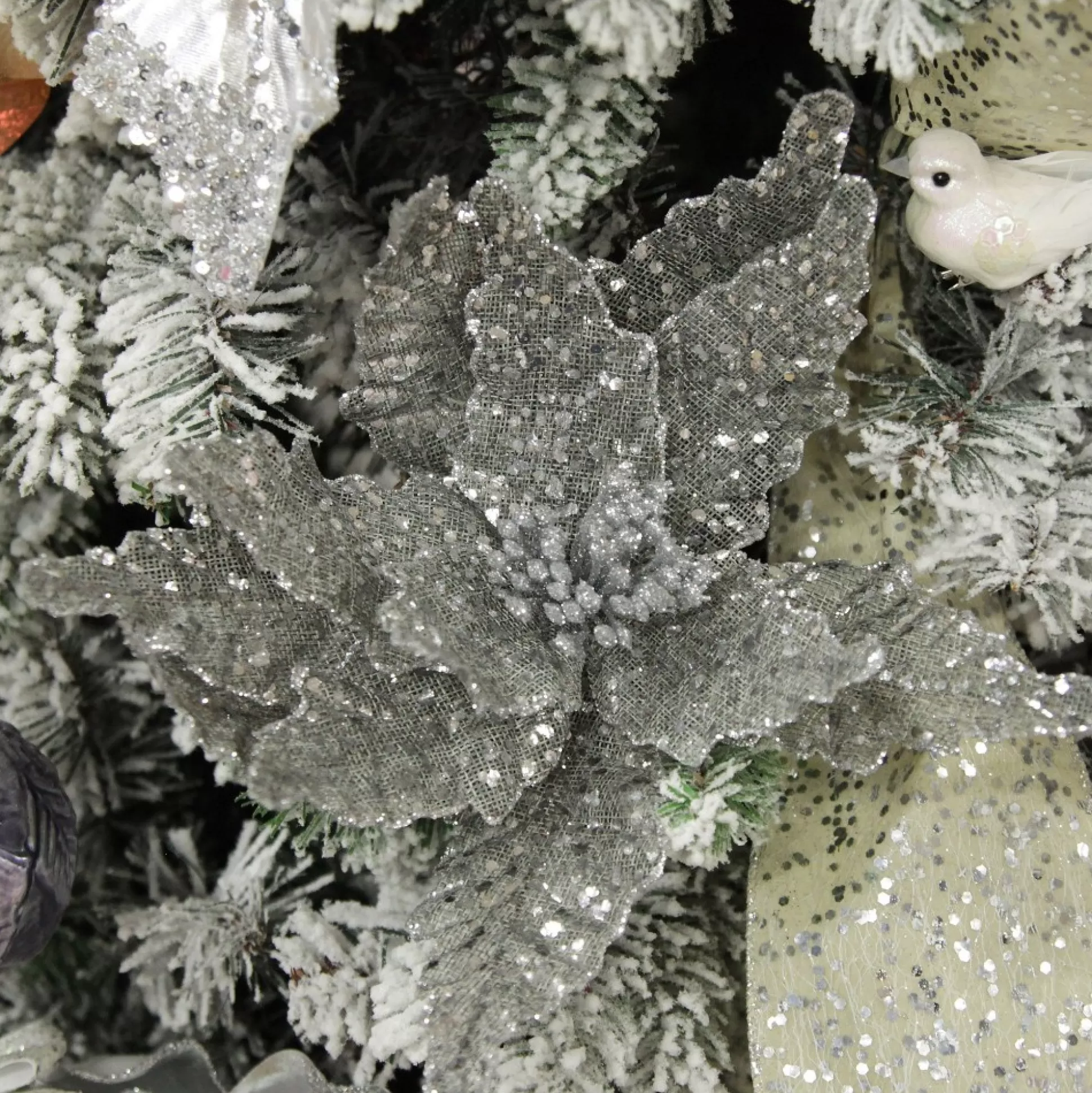 Silver and Sequin Poinsettia Flower Stem Christmas Flowers |