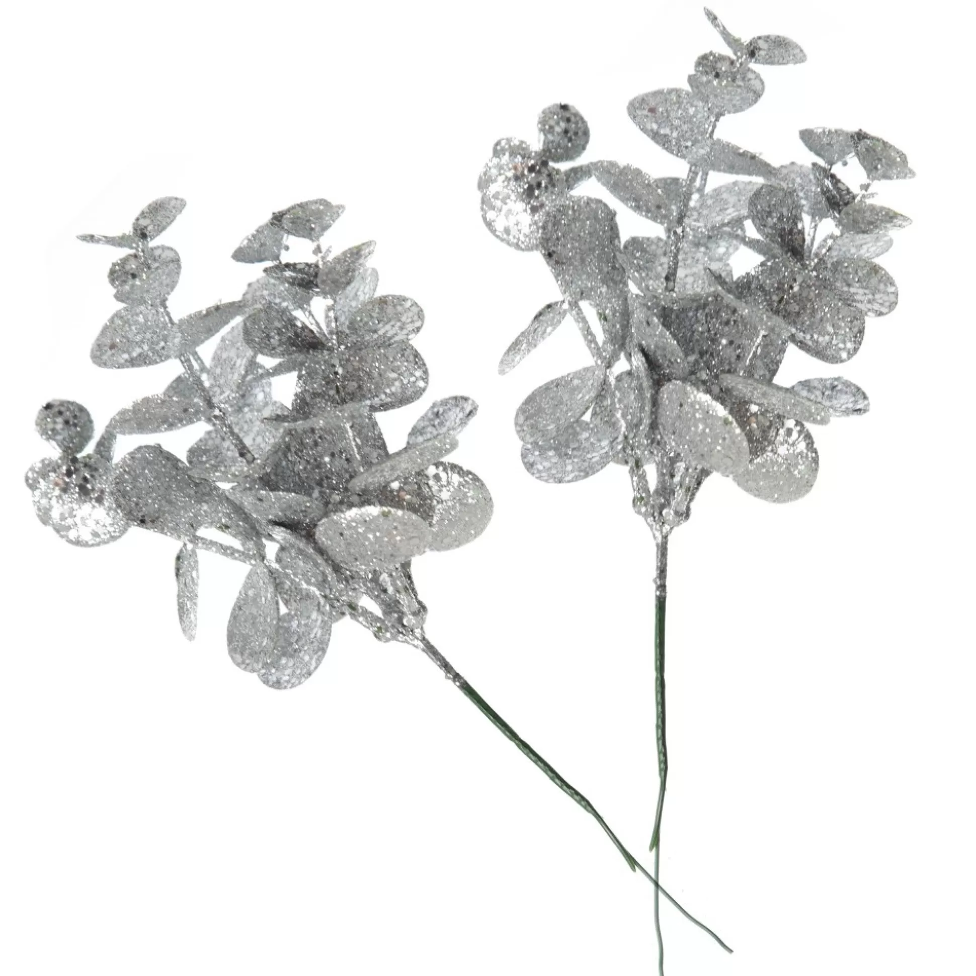 Silver Glitter Silver Dollar Leaf Pick - Set of 2 Christmas Pick |