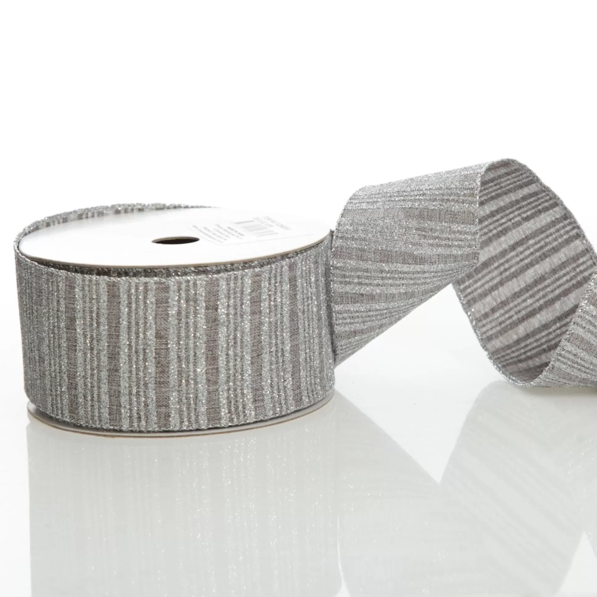 Silver Grey Glitter and Linen Striped Wired Ribbon - 6.5cm Ribbons |