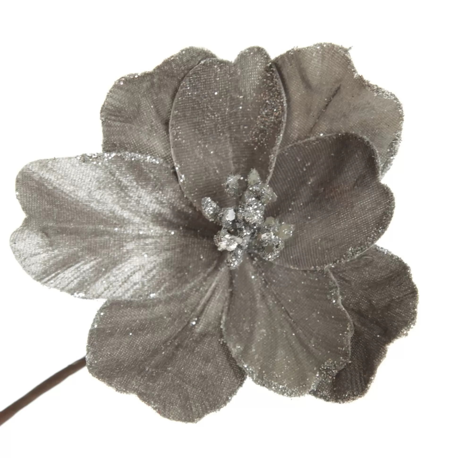 Silver Satin Magnolia Flower Stem with Glitter Trim Christmas Flowers |