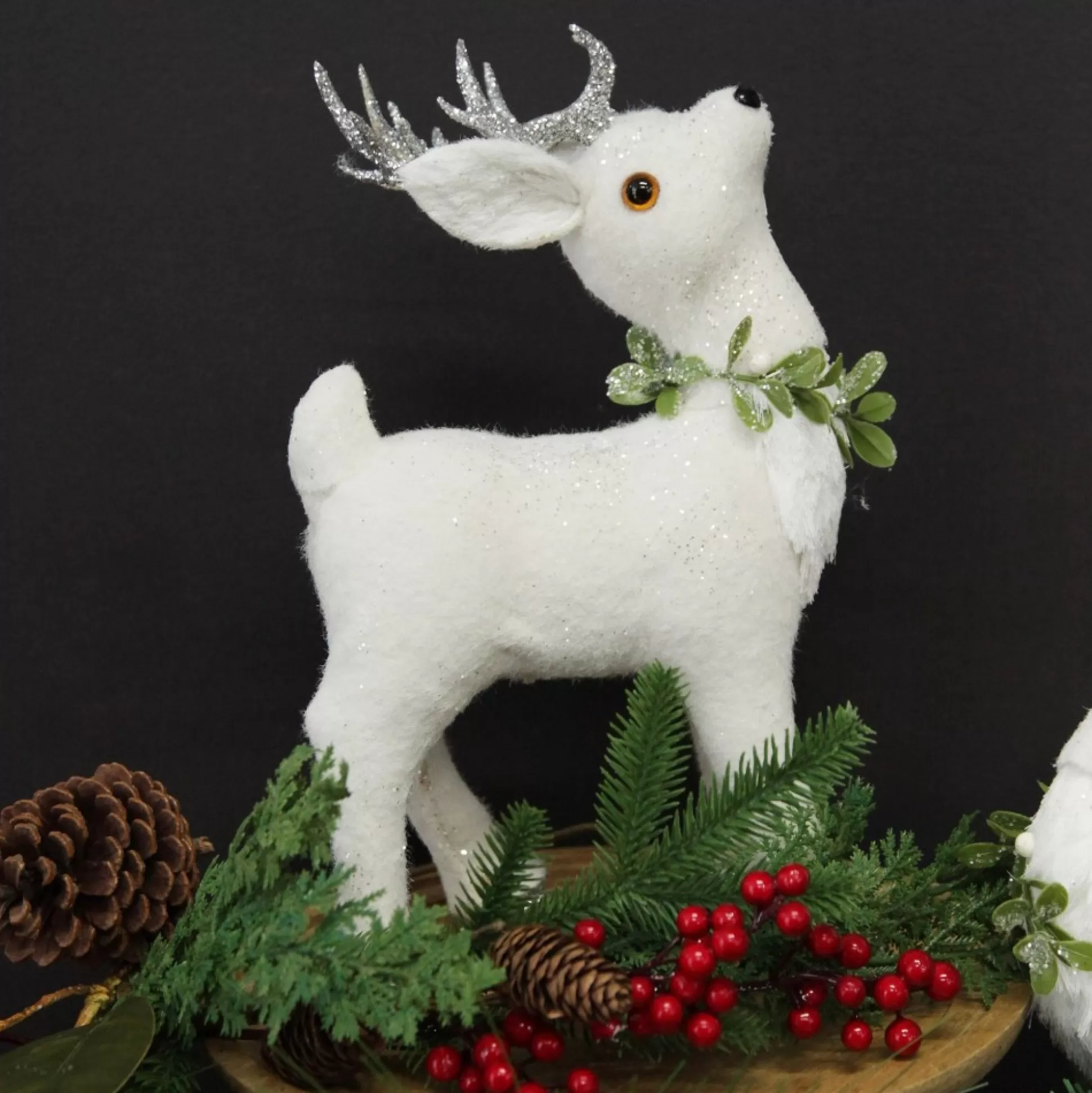 Small White Sisal Standing Deer with Silver Glitter Antlers Christmas Birds And Animals |