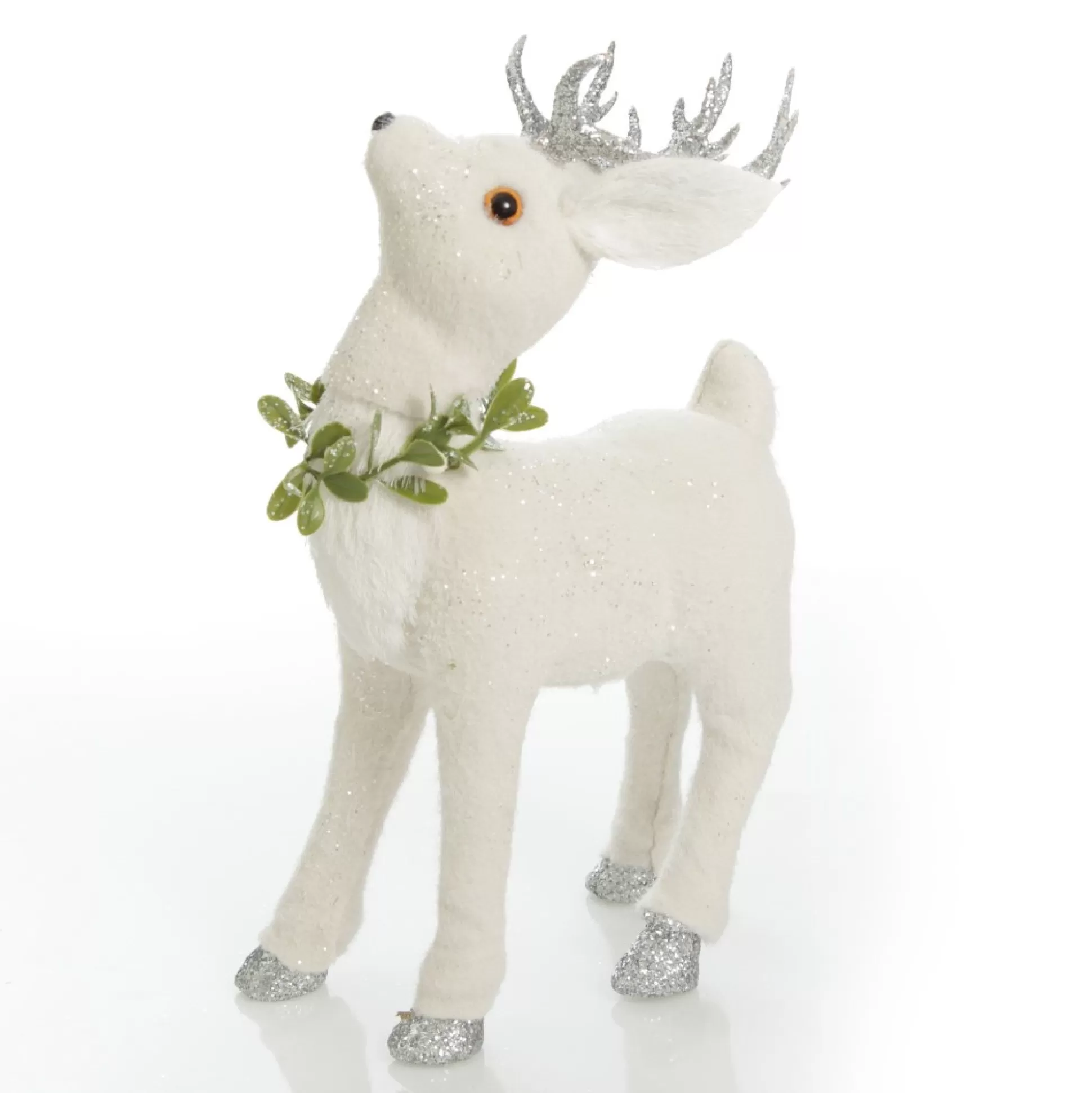 Small White Sisal Standing Deer with Silver Glitter Antlers Christmas Birds And Animals |